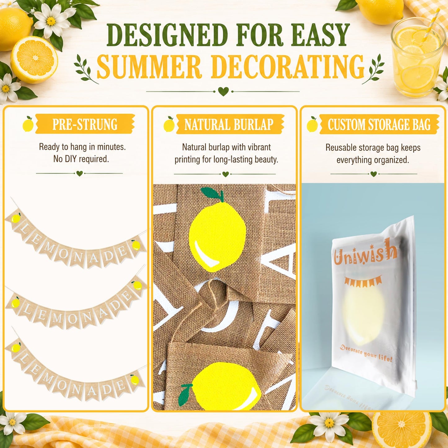 Uniwish Burlap Lemonade Banner Lemonade Stand Decorations Supplies