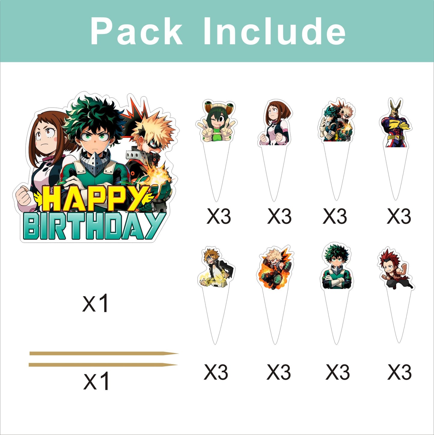 25pcs Cartoon For Academia of My Hero Birthday Decorations with 24pcs Cupcake Toppers,1pcs Cake Topper for Birthday Party Supplies.