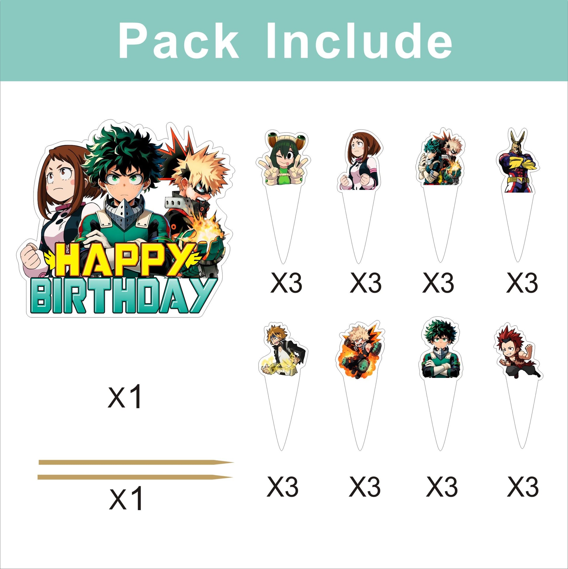 25pcs Cartoon For Academia of My Hero Birthday Decorations with 24pcs Cupcake Toppers,1pcs Cake Topper for Birthday Party Supplies.
