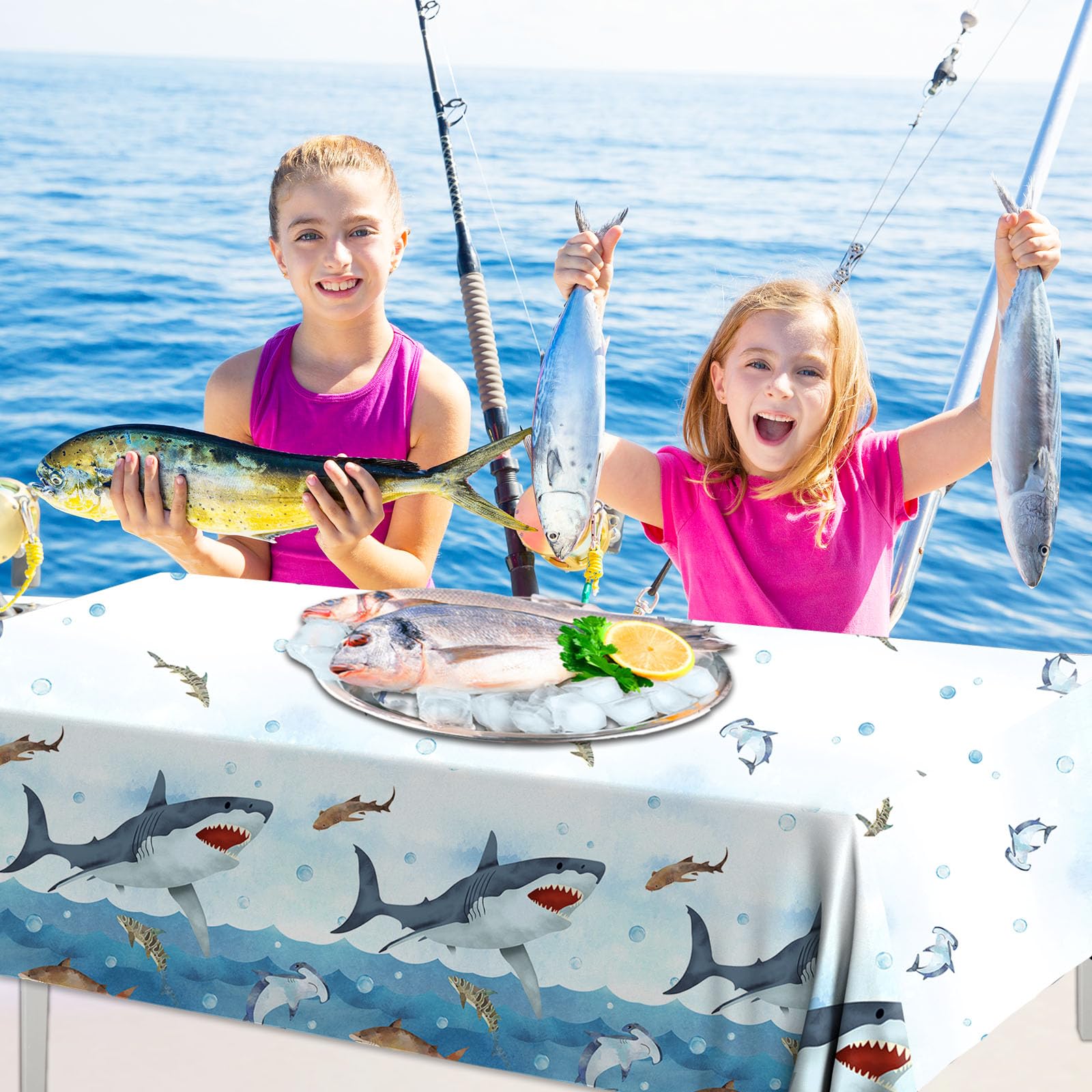 CMUSKO Shark Tablecloth, 3Pcs Shark Birthday Party Supplies Disposable Plastic Table Cover, Shark Birthday Decorations Tablecloth for Baby Shower