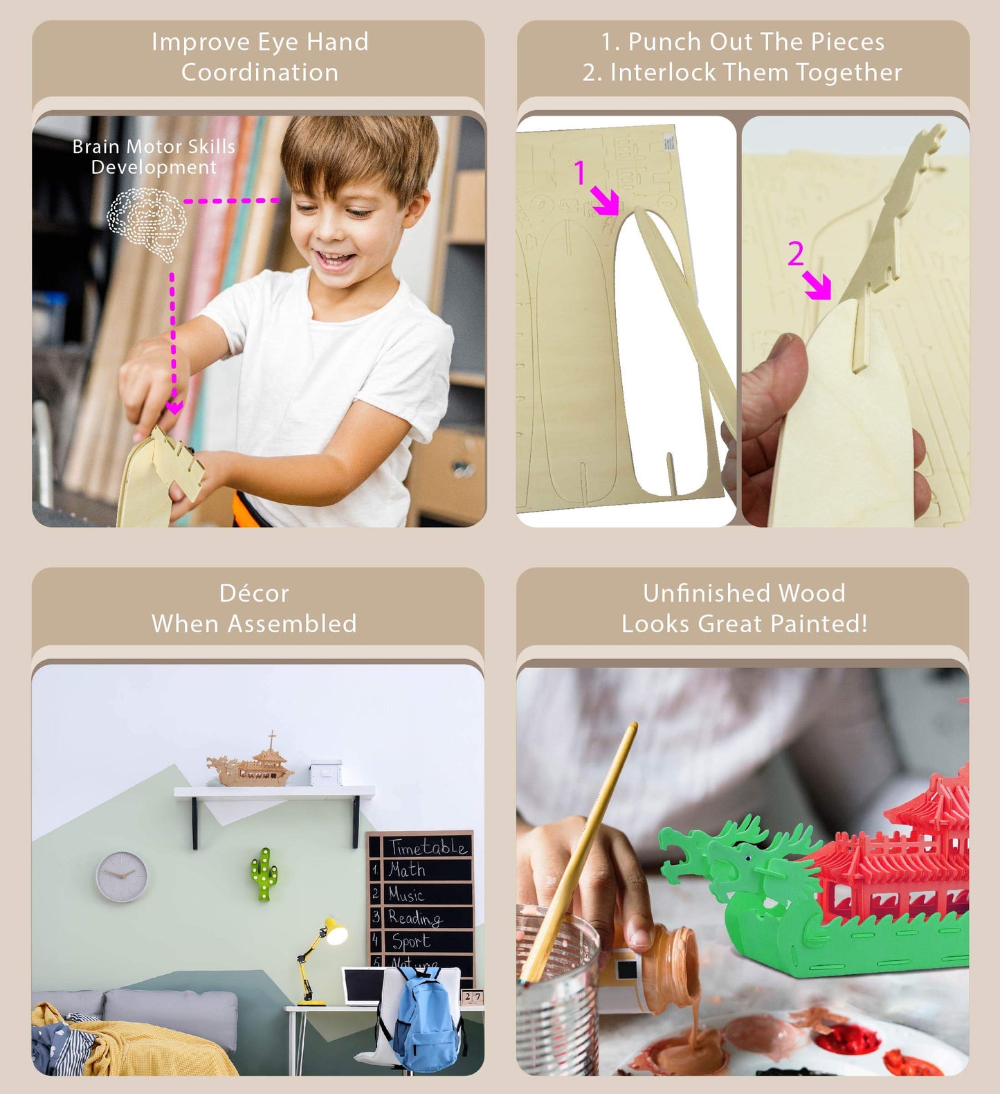 Puzzled 3D Puzzle Dragon Boat Wood Craft Construction Model Kit, Fun Unique & Educational DIY Wooden Toy Assemble Model Unfinished Crafting Hobby