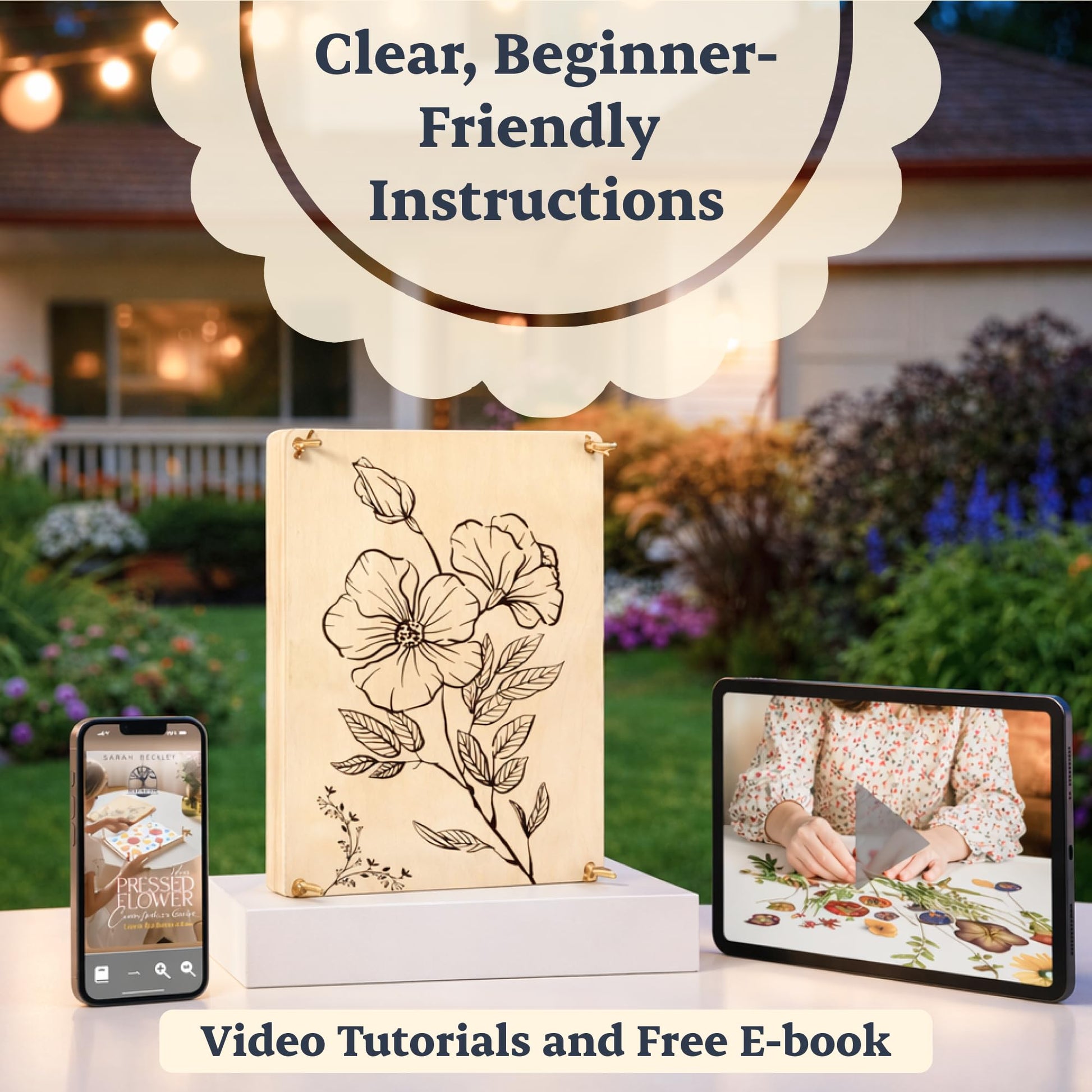 Berstuk Wooden Flower Press for Adults and Teens - Includes Expert Video Tutorials - Large Flower Press Kit 10.8" x 6.9" - Gift-Ready Packaging Ideal