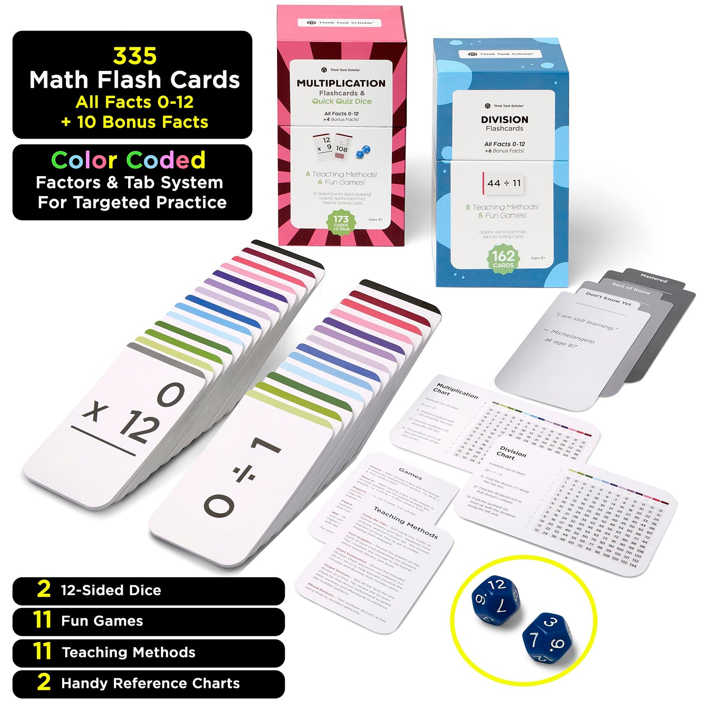 Think Tank Scholar 335 Multiplication & Division Flash Cards (Award Winning) 1 Fact Per Card with Visual Aids - All Facts 0-12 + Dice, Games & Charts