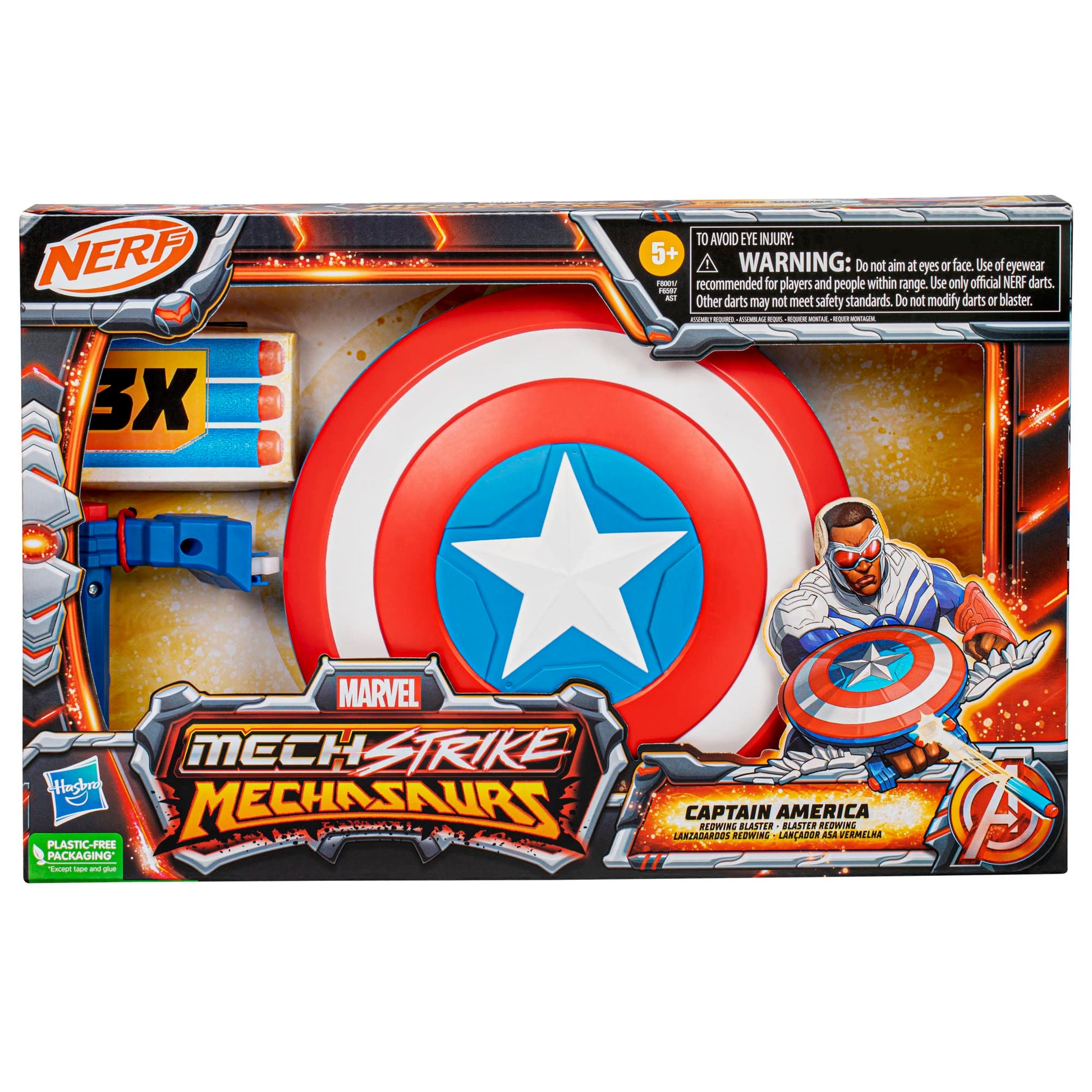Marvel Mech Strike Mechasaurs Captain America Redwing Blaster, NERF Blaster with 3 Darts, Role Play Super Hero Toys for Kids Ages 5 and Up