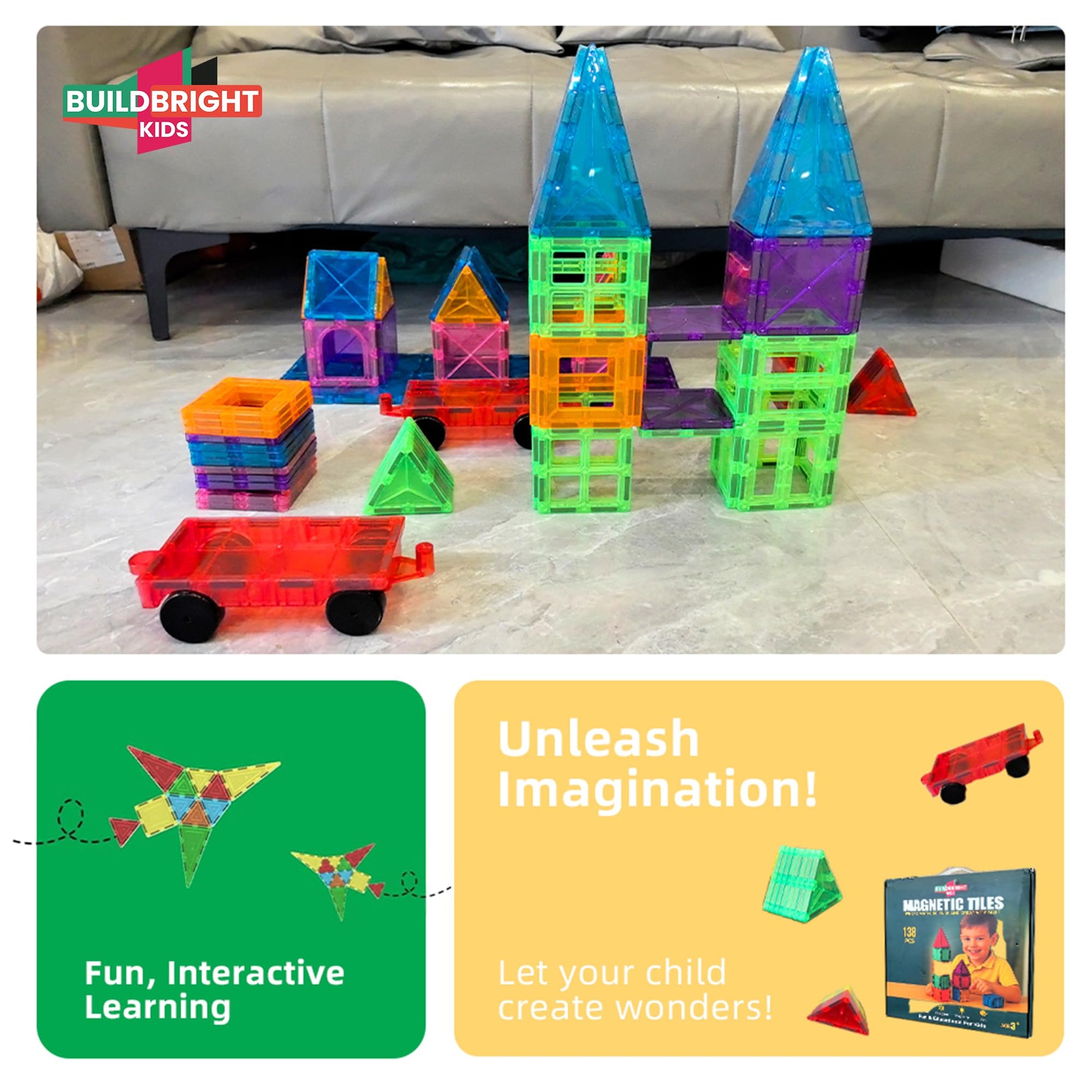 Magnetic Tiles for Kids, 138 PCS STEM Building Blocks with Play Mat