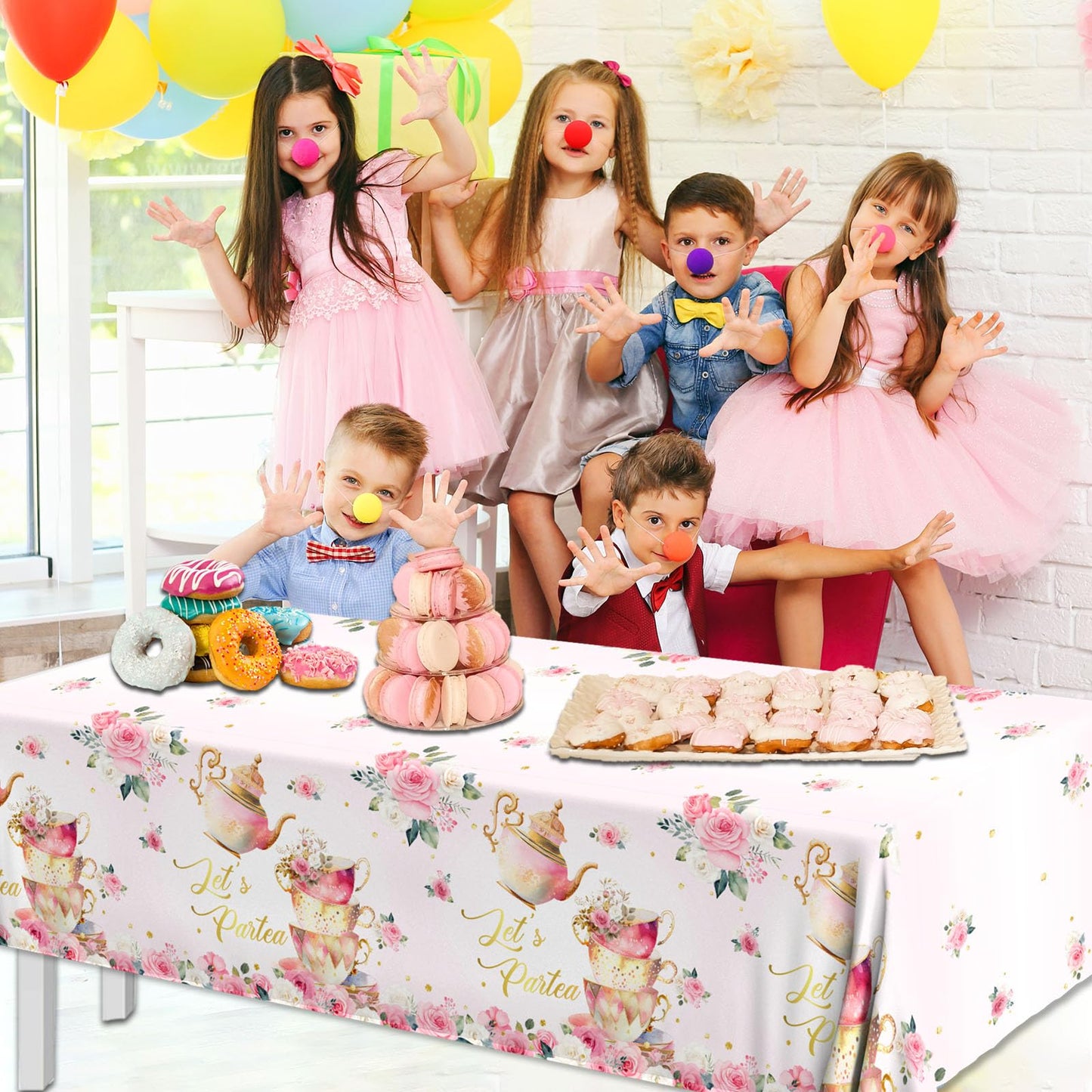 Dydamud Pink Floral Tea Party Tablecloth, Girls Tea Party Birthday Supplies 3pcs Let's Partea Spring Disposable Table Cover for Baby Shower, Floral