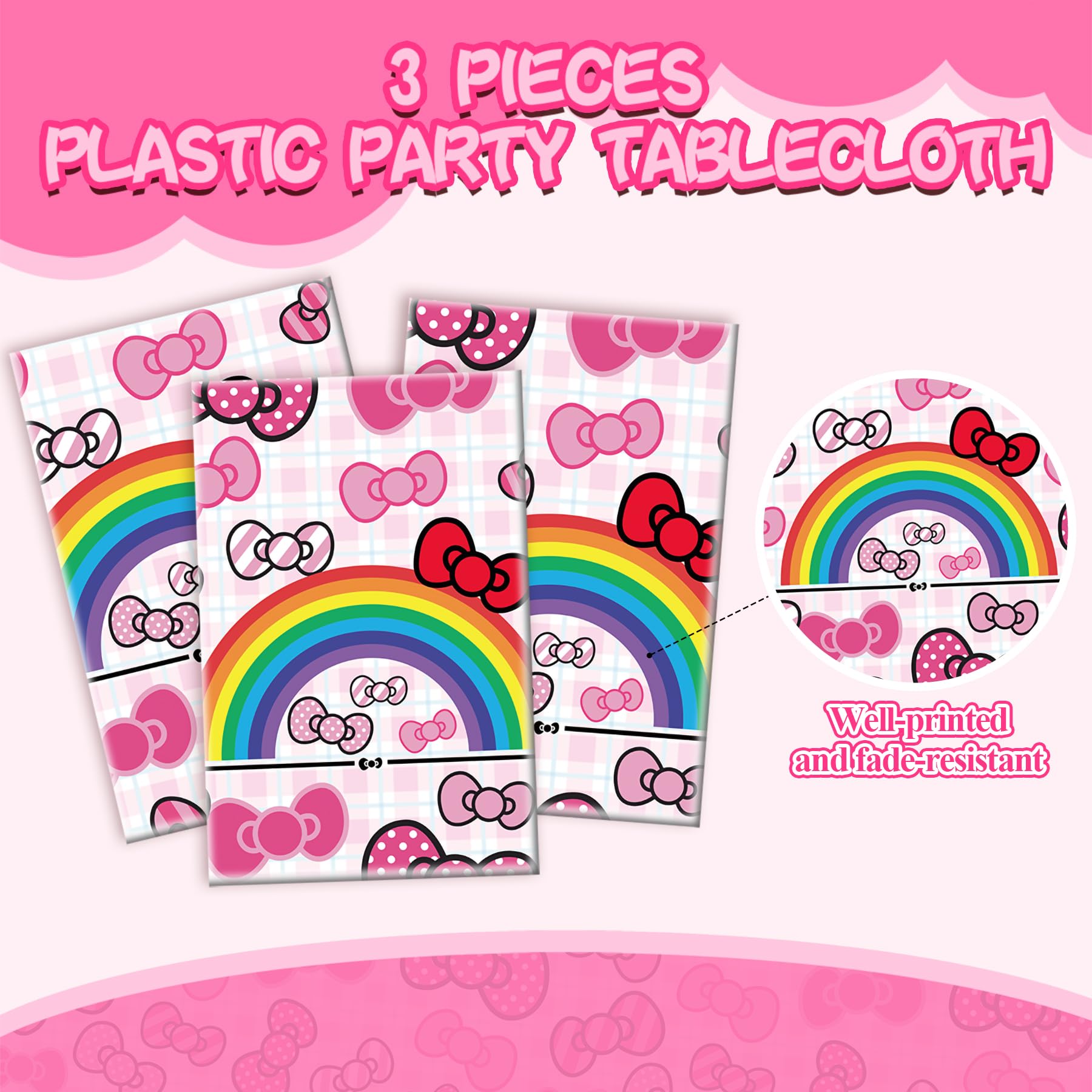 3Pcs Pink Bow tie Happy Birthday Decorations, Cartoon Cat Birthday Party Tablecloth, Disposable Rectangle Table Cover for Girls Party Theme