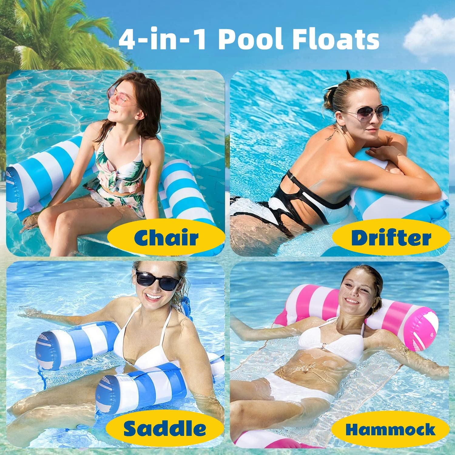 4 Pack Upgrated XL Water Pool Floats, 4-in-1 (Hammock, Saddle, Lounge Chair, Drifter) Multi-Purpose Water Pool Float, Non-Stick PVC Material.