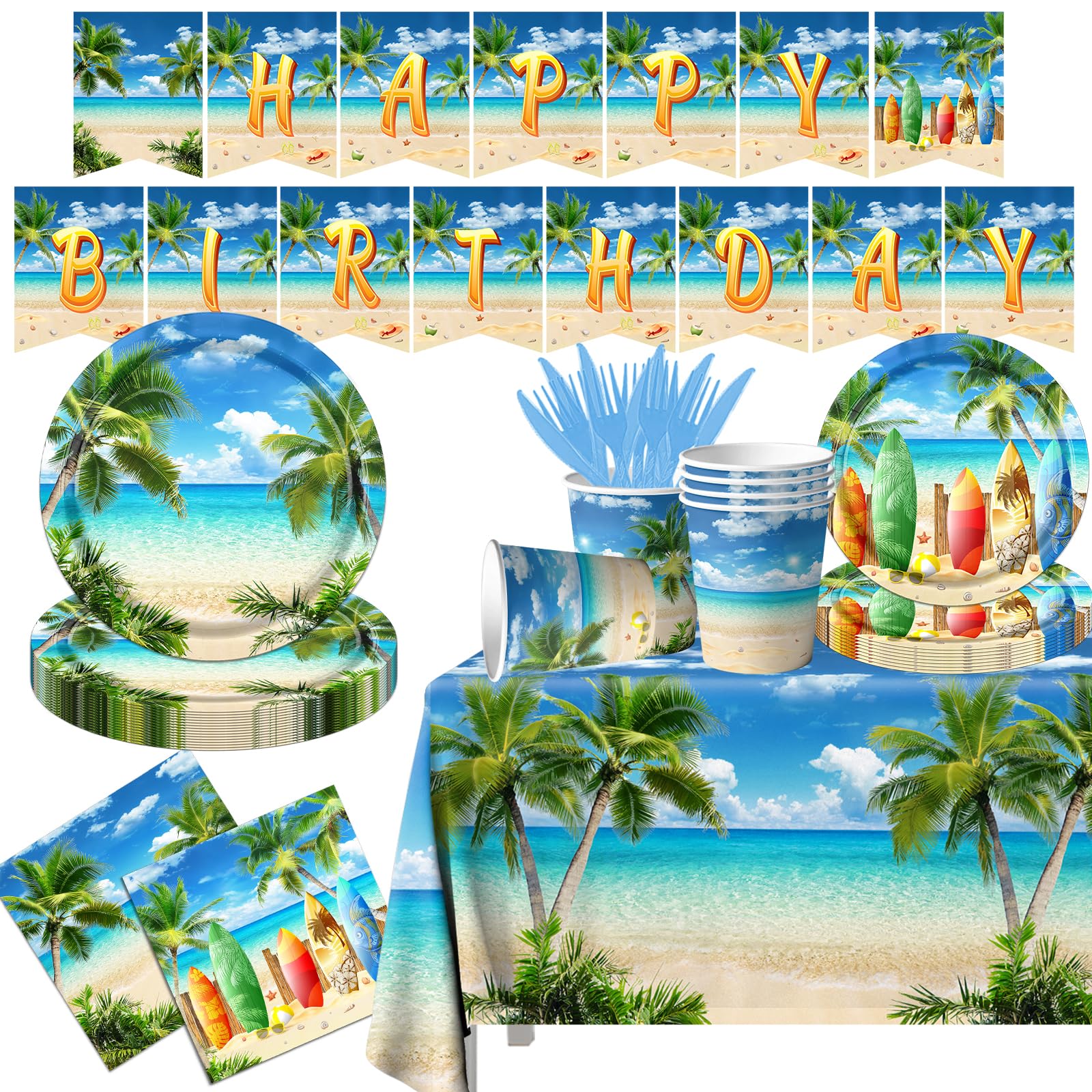 Beach Birthday Party Decorations, 142PCS Beach Party Paper Plates Napkins Tablecloth for Summer Tropical Hawaiian Party Decorations