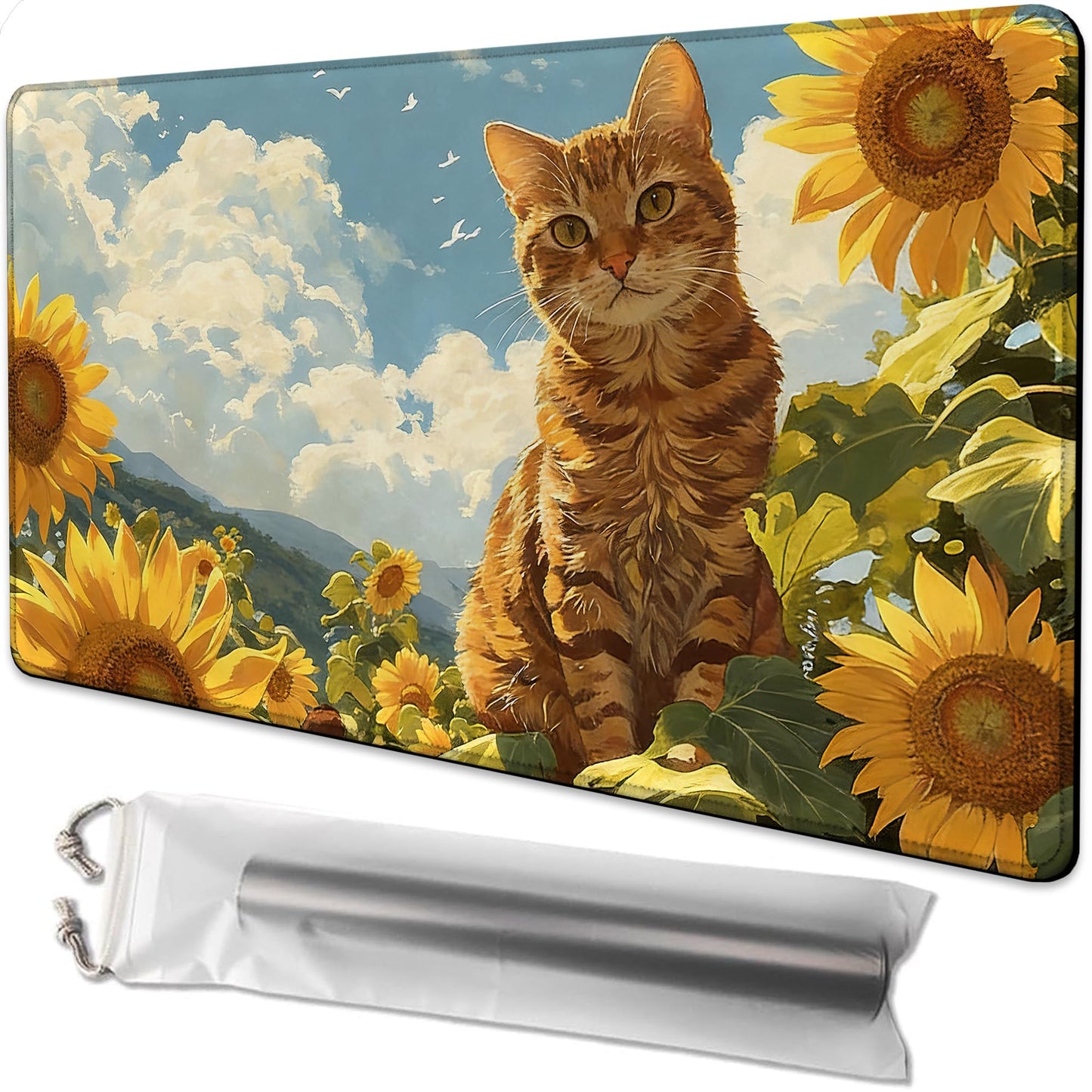Playmat for MTG Orange Cat Sunflower Magic Play Mat 24x14 Inch Card Game Mat for Magic The Gathering TCG PTCG Playmat with Free Storage Bags Non-Slip