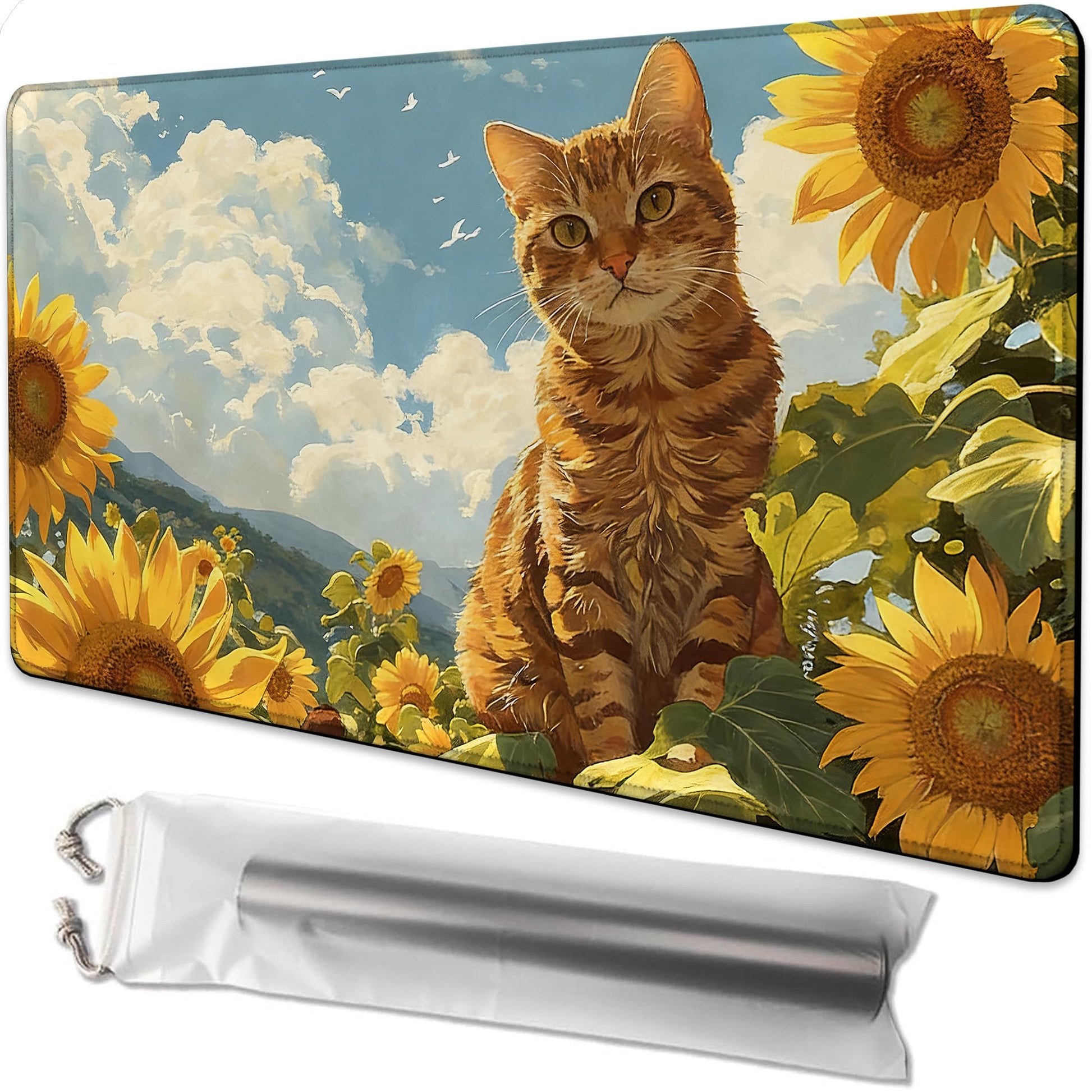Playmat for MTG Orange Cat Sunflower Magic Play Mat 24x14 Inch Card Game Mat for Magic The Gathering TCG PTCG Playmat with Free Storage Bags Non-Slip