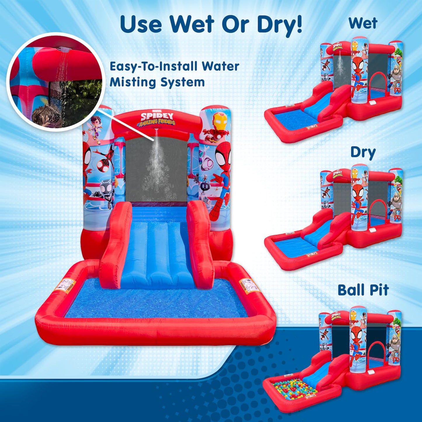 Funormous Spidey & Friends Bounce House Water Slide with Pool & Ball Pit, Inflatable Bouncer for Kids Ages 3-8 with Basketball Hoop, Water Misting