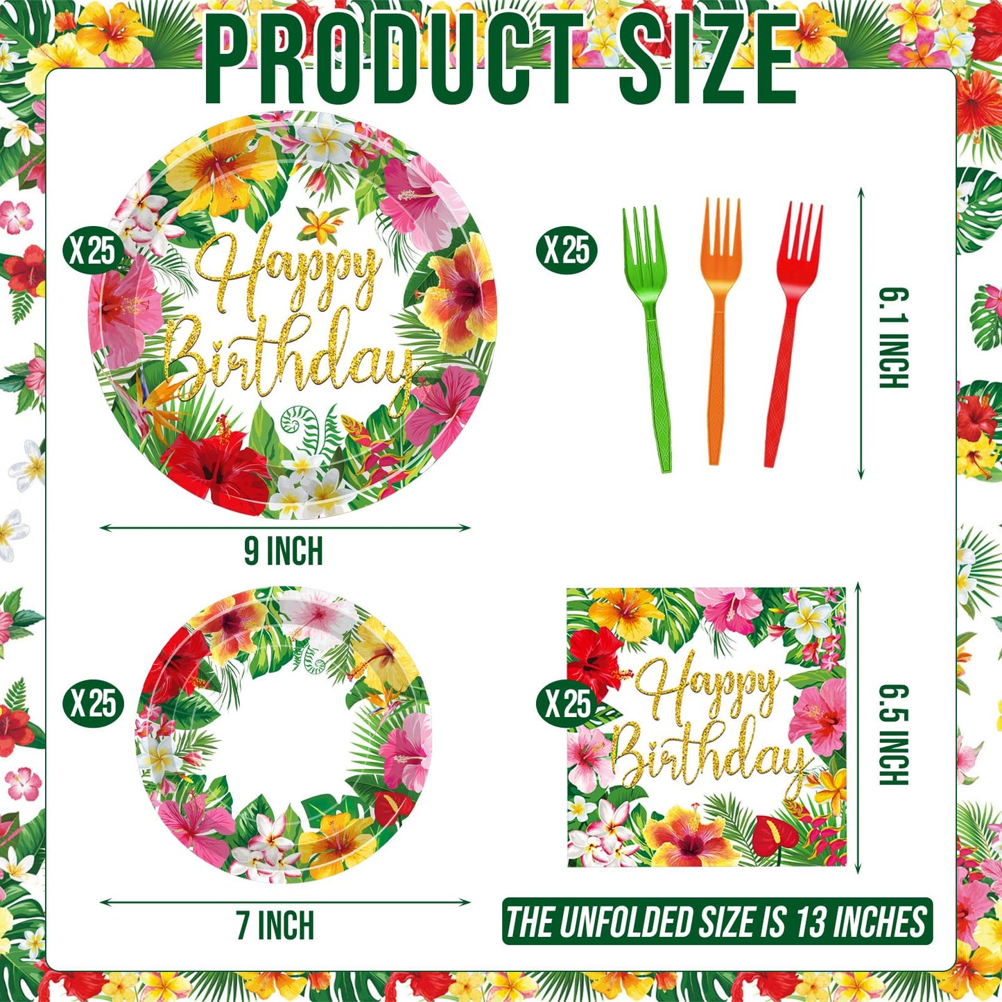 100 Pcs Tropical Happy Birthday Tableware Set, Serves 25 - Disposable Hibiscus Floral Paper Plates, Napkins, Forks, Hawaiian Aloha Party Supplies