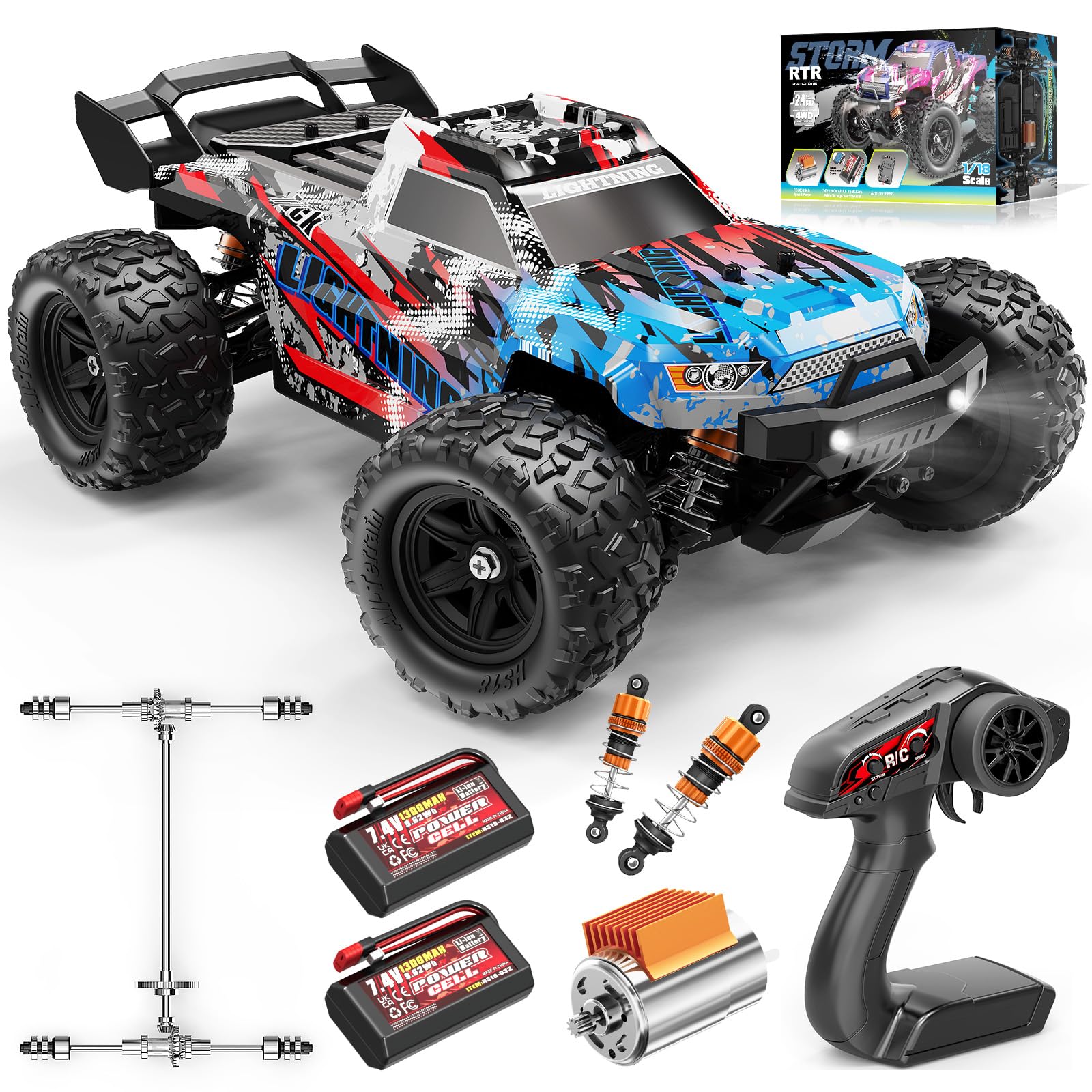 RC Cars 1:18 All-Terrain Off-Road RC Truck for Adults, 4WD 4×4 Fast Remote Control Car, High Speed 36 KM/H Monster Truck, Dual 7.4V 1300mAh Batteries