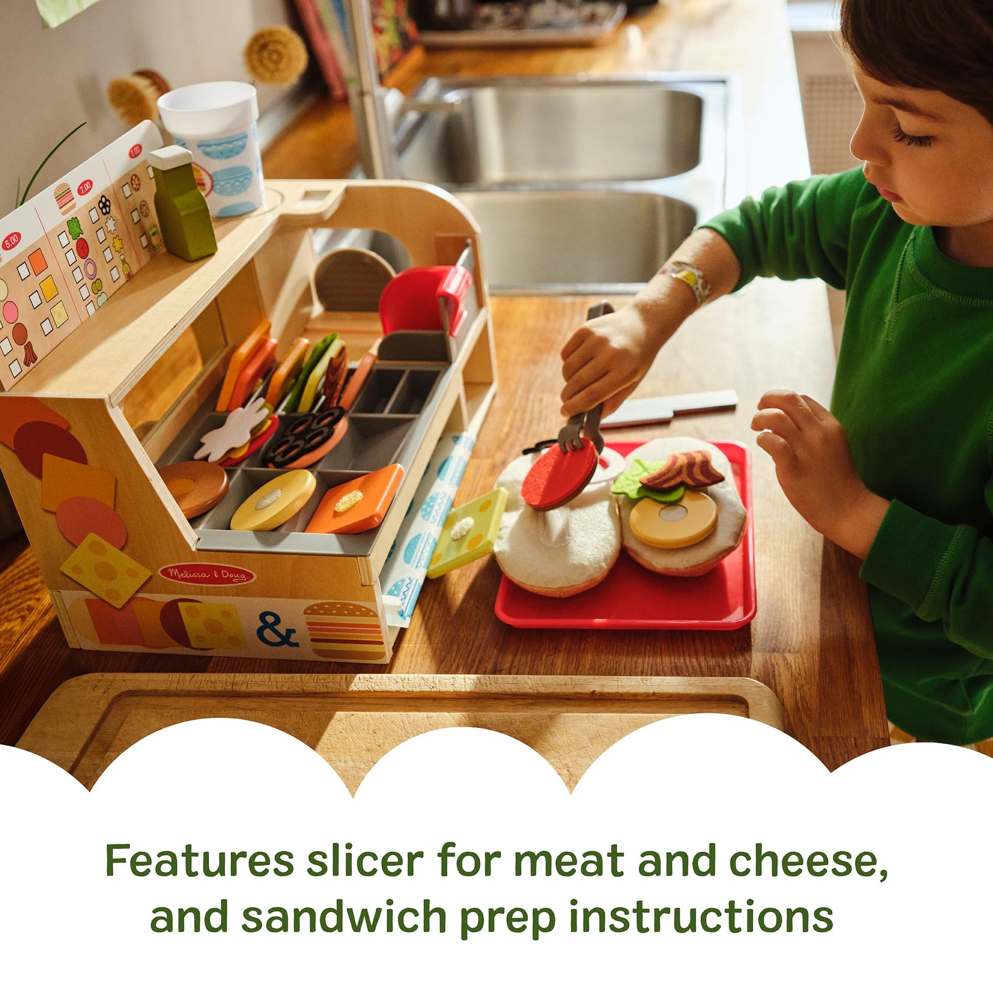 Melissa & Doug Slice-Stack-Serve, Wooden Sandwich Counter Pretend Play Store with Play Food Toys, Play Money & Deli Slicer, Preschool Toys for Kids 3+