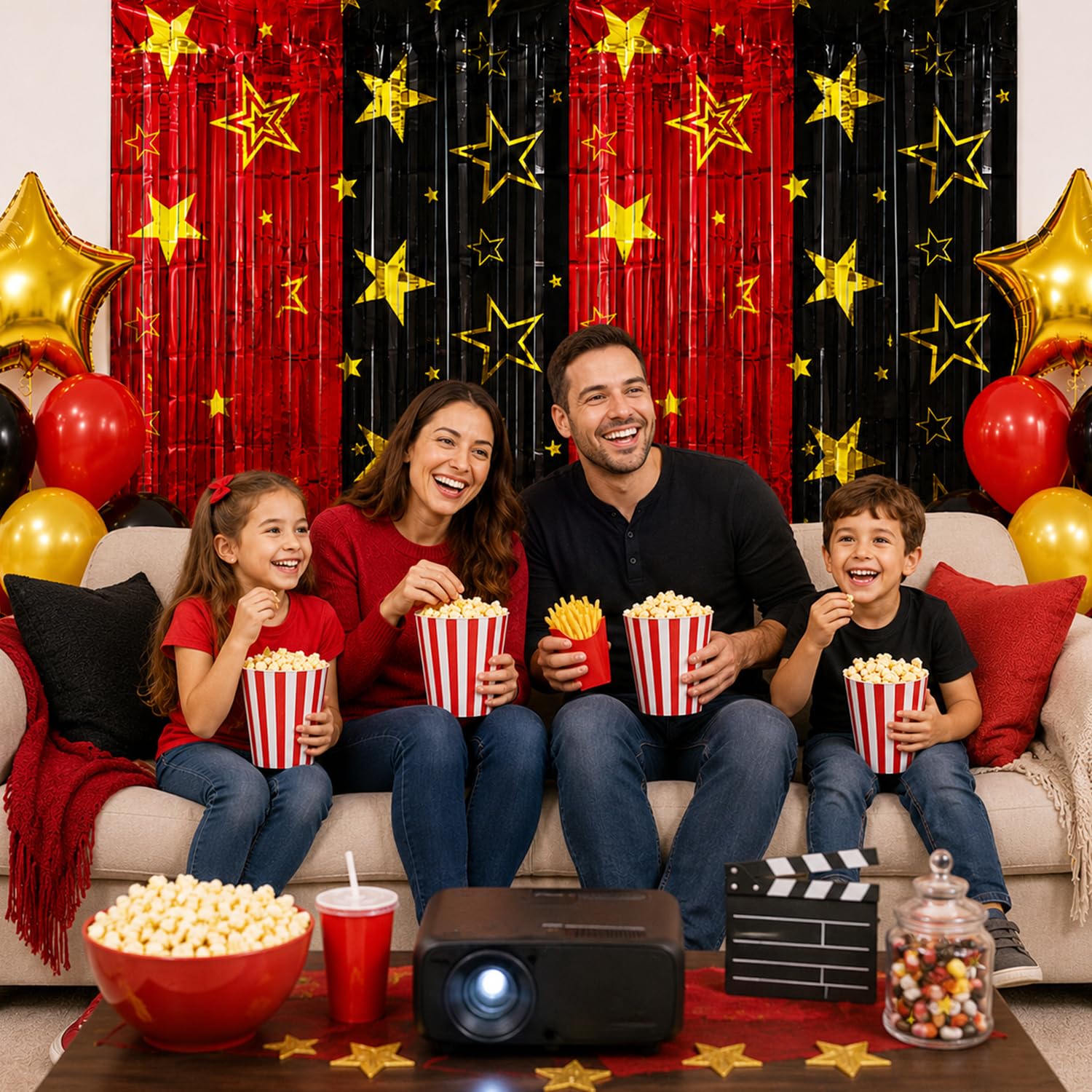 2 Pack Movie Night Foil Fringe Curtains Backdrop Decorations, 3.3 x 6.6 Ft Star Red and Black Movie Night Tinsel Streamers Backdrop for Movie Theater