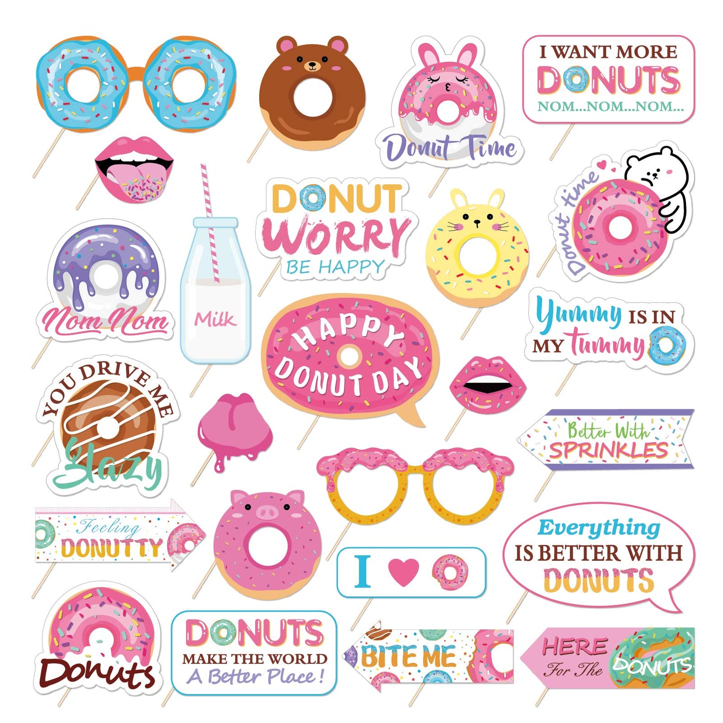 25Pcs Donut Photo Booth Props, DIY Donut Birthday Party Selfie Props, Funny Photo Prop Pack for Girls Birthday Party Wedding Decorations