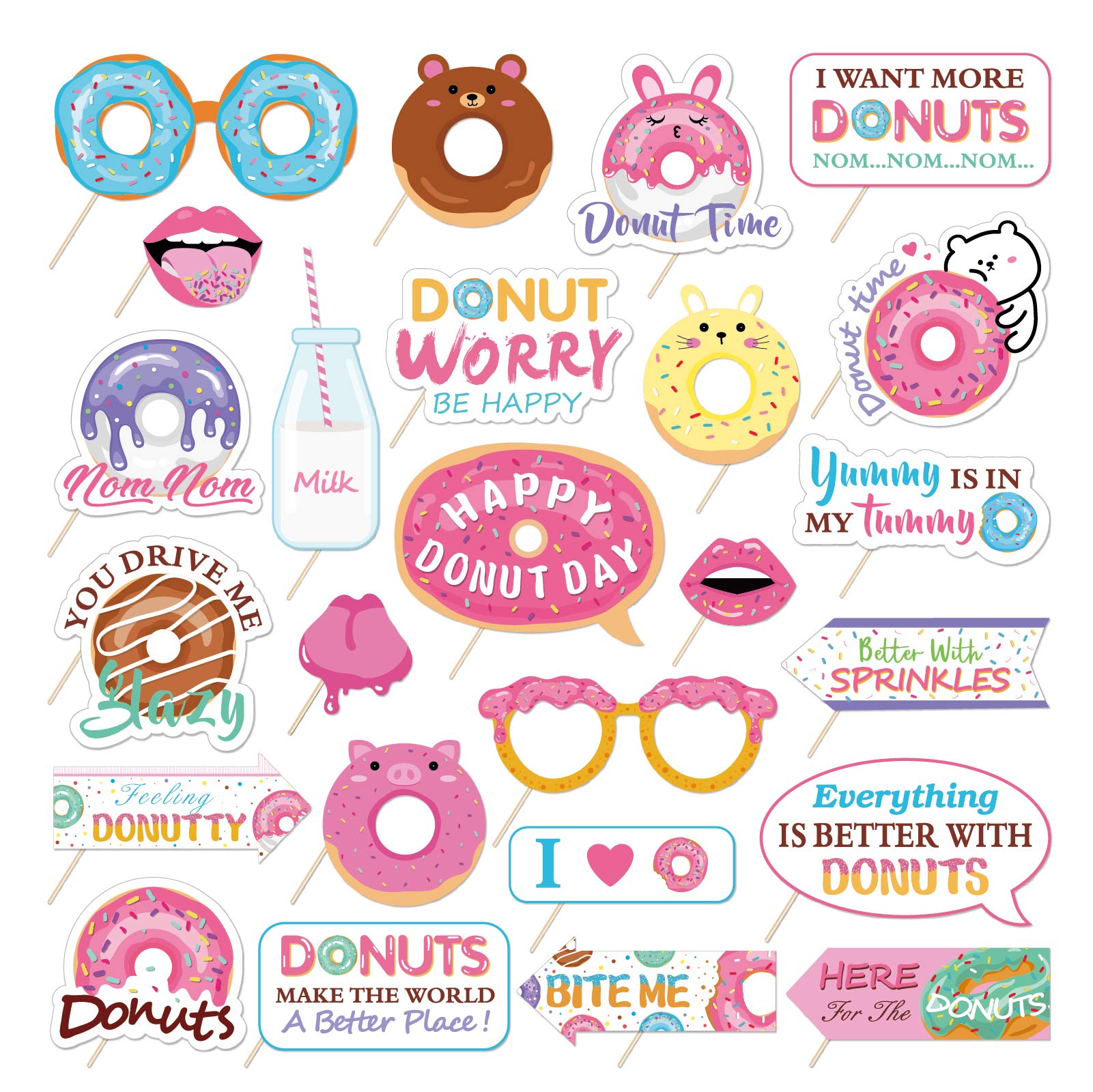 25Pcs Donut Photo Booth Props, DIY Donut Birthday Party Selfie Props, Funny Photo Prop Pack for Girls Birthday Party Wedding Decorations