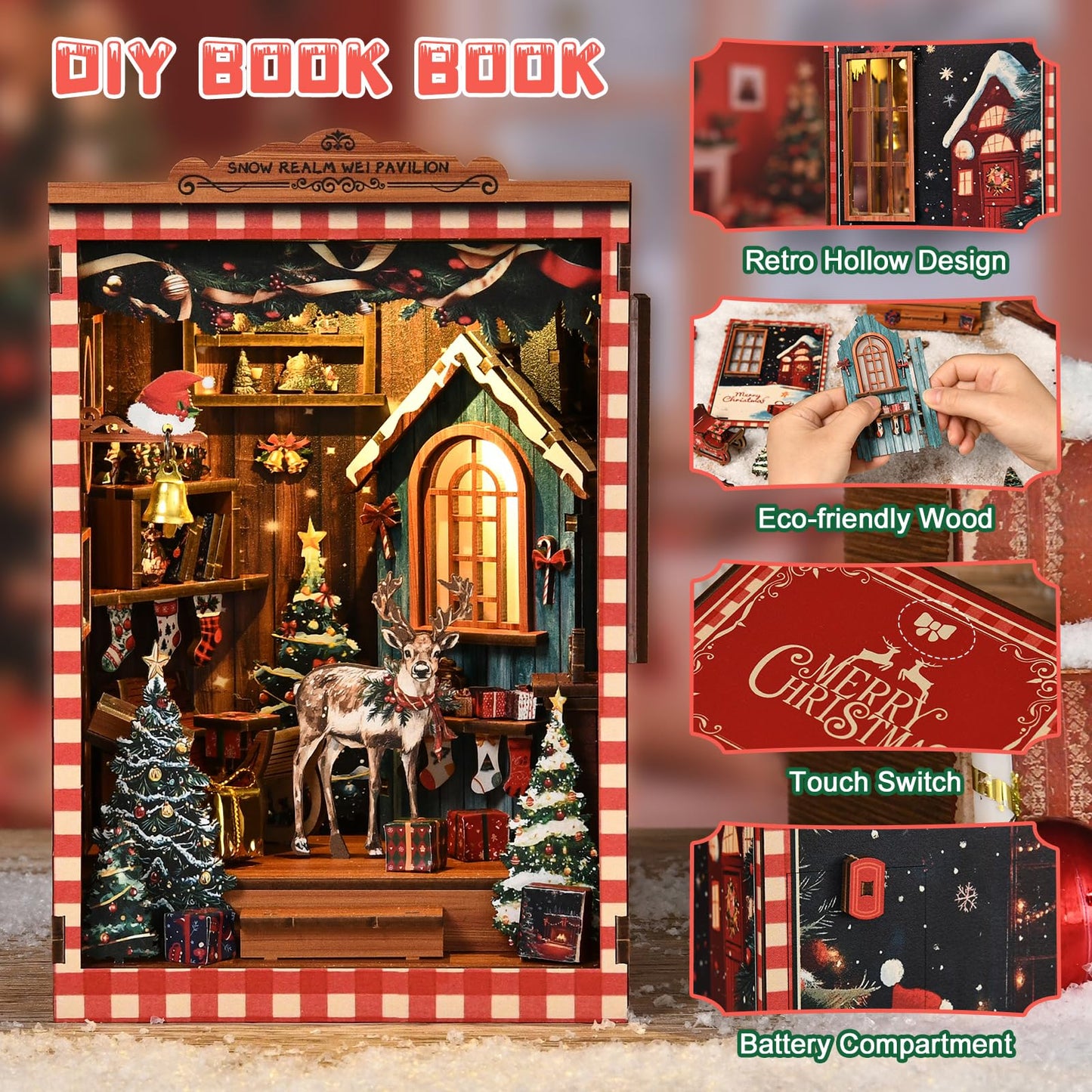 qpdbookpd DIY Book Nook?Buchstütze Aus Holz und 3D-Puzzle mit LED-Licht, bastelset Erwachsene?Book Nook kit?Weihnachtsgeschenke?Snow Realm Wei