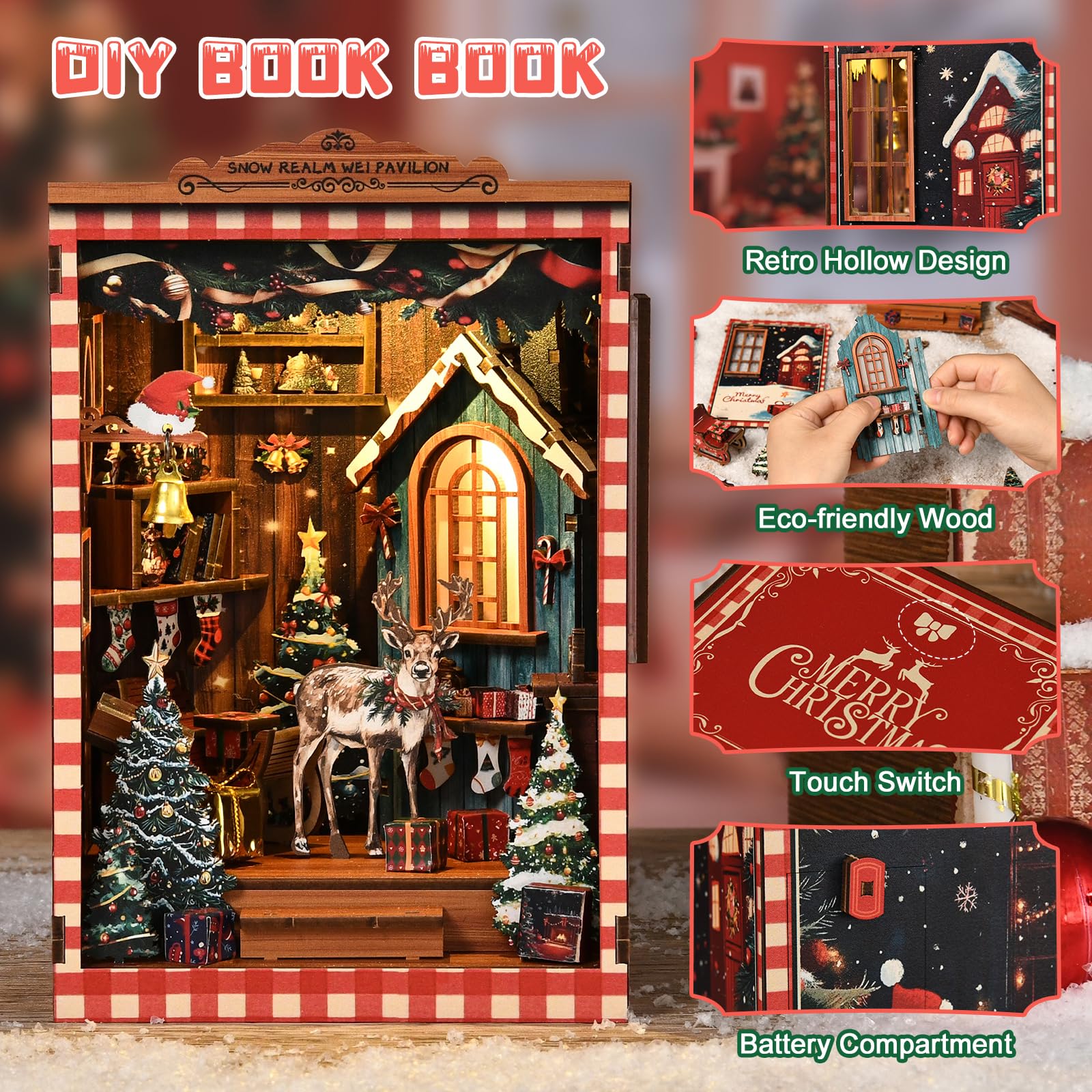 qpdbookpd DIY Book Nook?Buchstütze Aus Holz und 3D-Puzzle mit LED-Licht, bastelset Erwachsene?Book Nook kit?Weihnachtsgeschenke?Snow Realm Wei