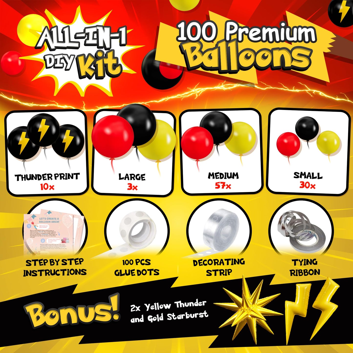 ALL-IN-1 Cartoon Balloon Arch Kit with BONUS Thunder & Starburst Balloons for Poke Birthday Decorations - Red Black Yellow Balloons for Poke Cartoon
