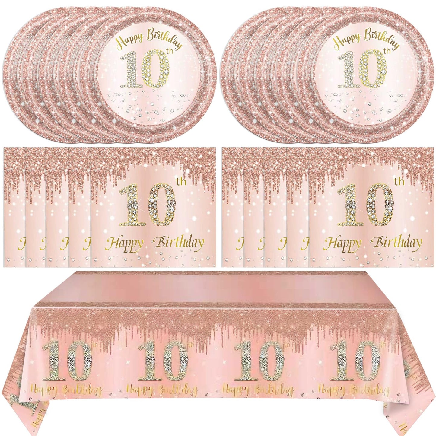 41 Pcs 10th Birthday Decorations for Girl,Rose Gold Happy 10 Years Old Ten Birthday Party Tableware Set 10th Birthday Party Plates