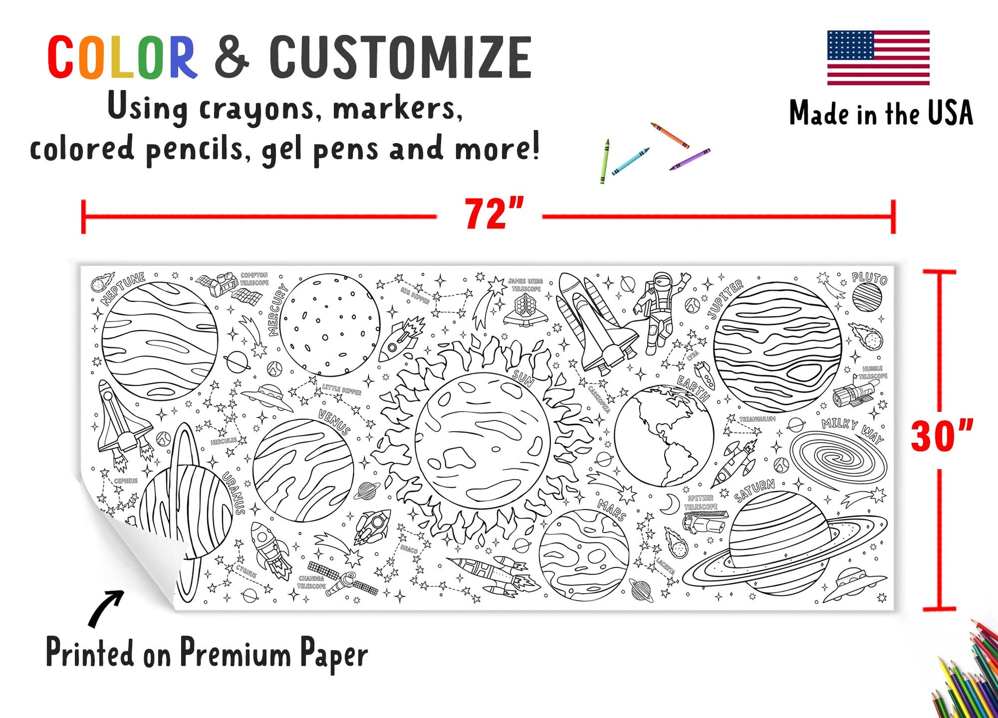 Tiny Expressions Outer Space Giant Coloring Poster for Kids - 30" x 72" Jumbo Paper Banner or Table Cover for School Parties - Large Pages