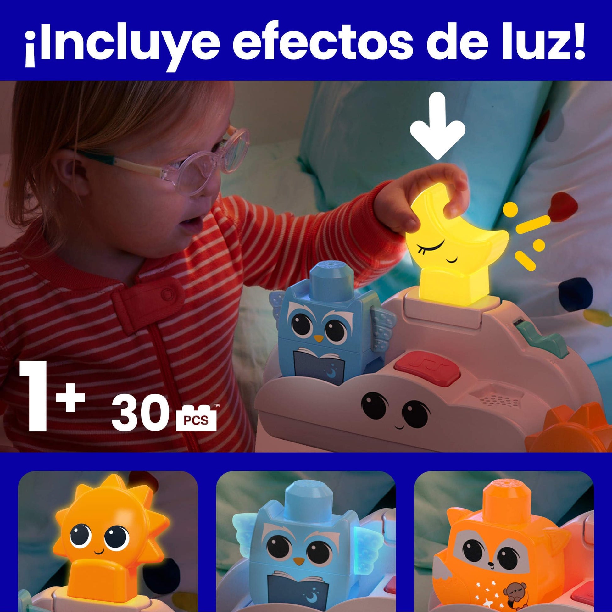 MEGA BLOKS Fisher-Price Toddler Building Blocks Toy, Rise & Snooze Night Light with 30 Pieces, Sound and Light Effects, Star Projector, Ages 1+ Years