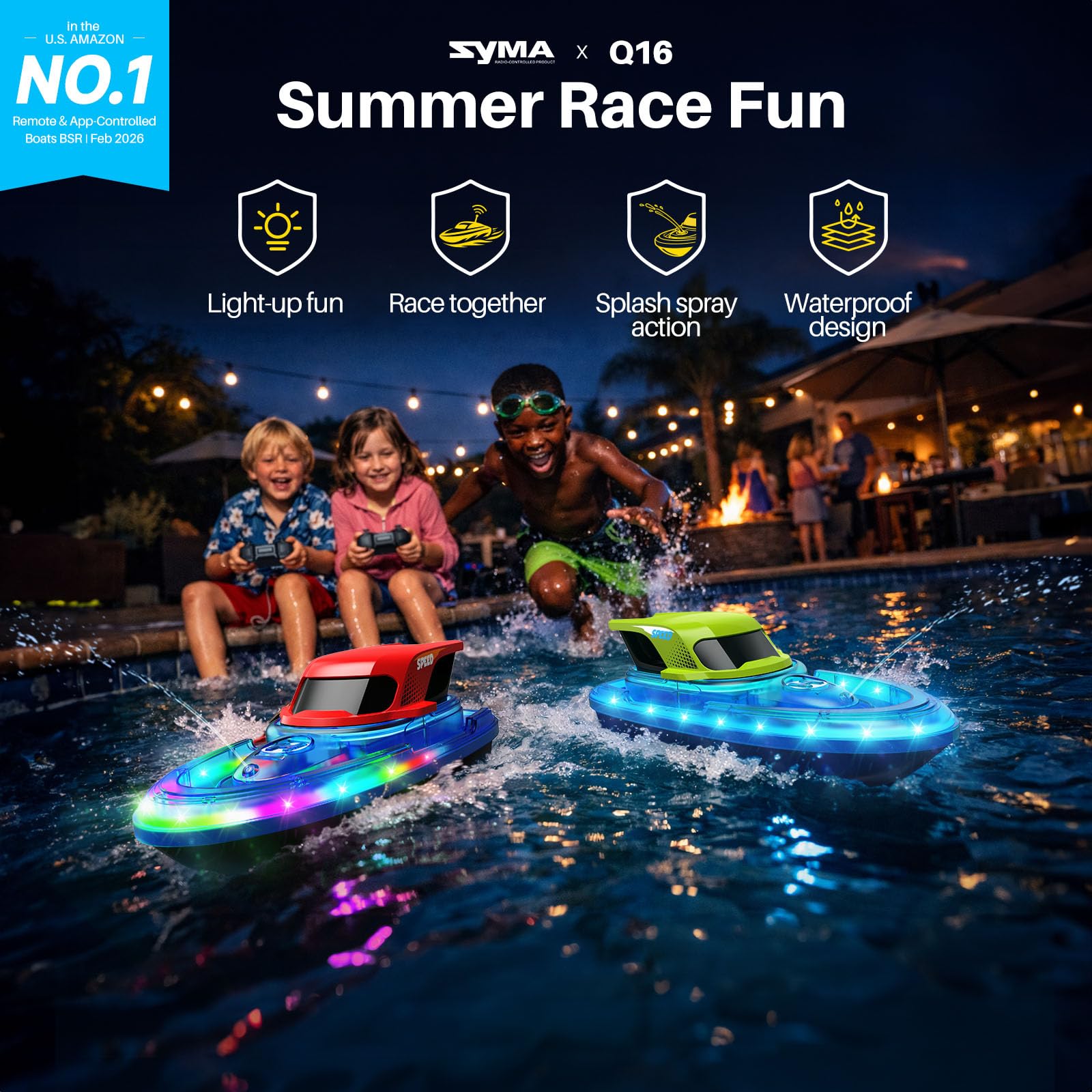 SYMA 2 Pack RC Boats for Kids, LED Lights, Water Spray, 40 Min Playtime