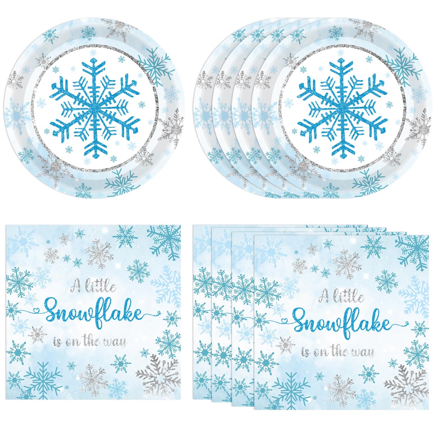 KHAIVI 40PCS Blue Snowflake Party Supplies Winter Wonderland Birthday Party Supplies Tableware Set Including Blue and Silver Snowflake Plates Napkins