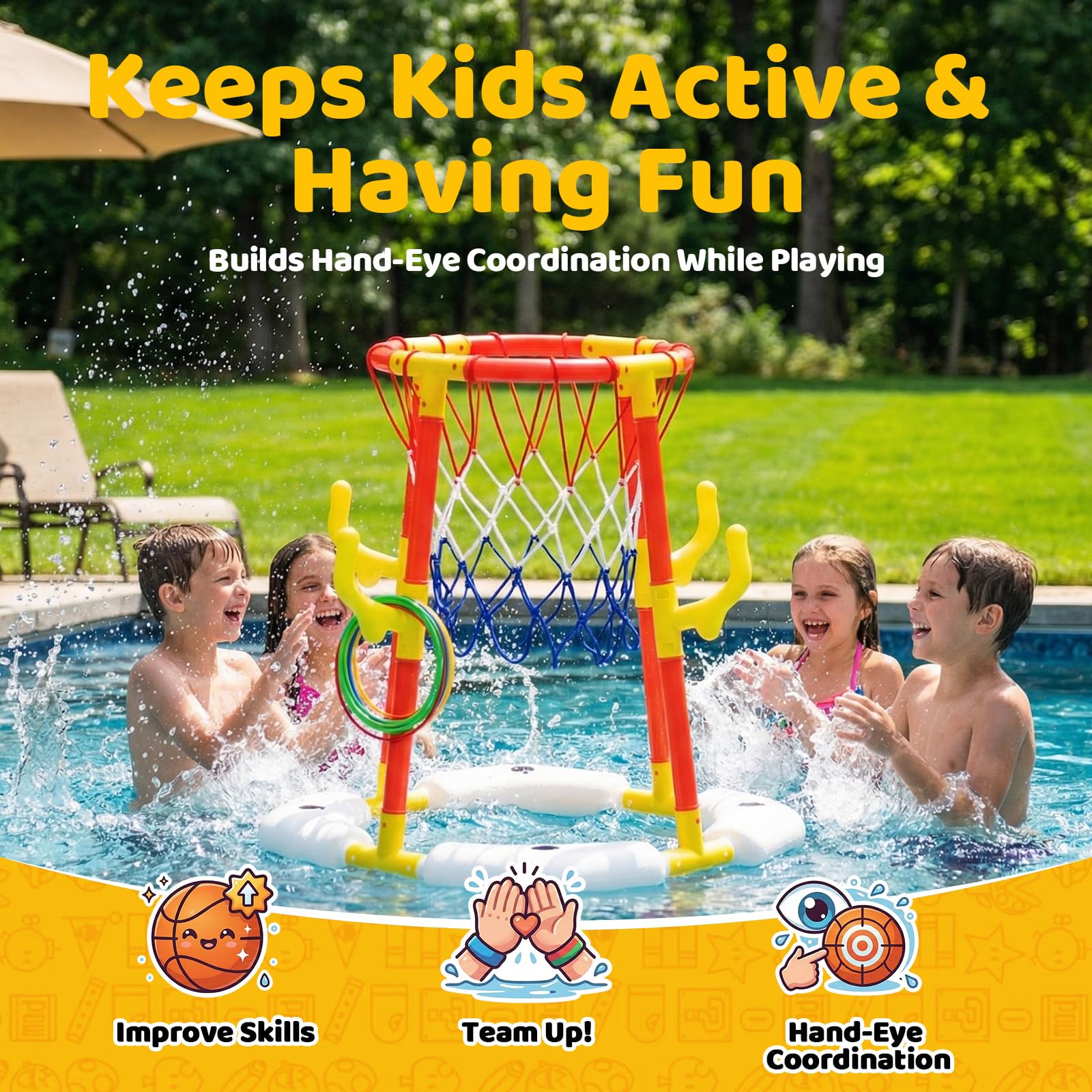 PodiuMax 2-in-1 Pool Basketball Hoop & Ring Toss Toys for Kids 4 5 6 7 8 9