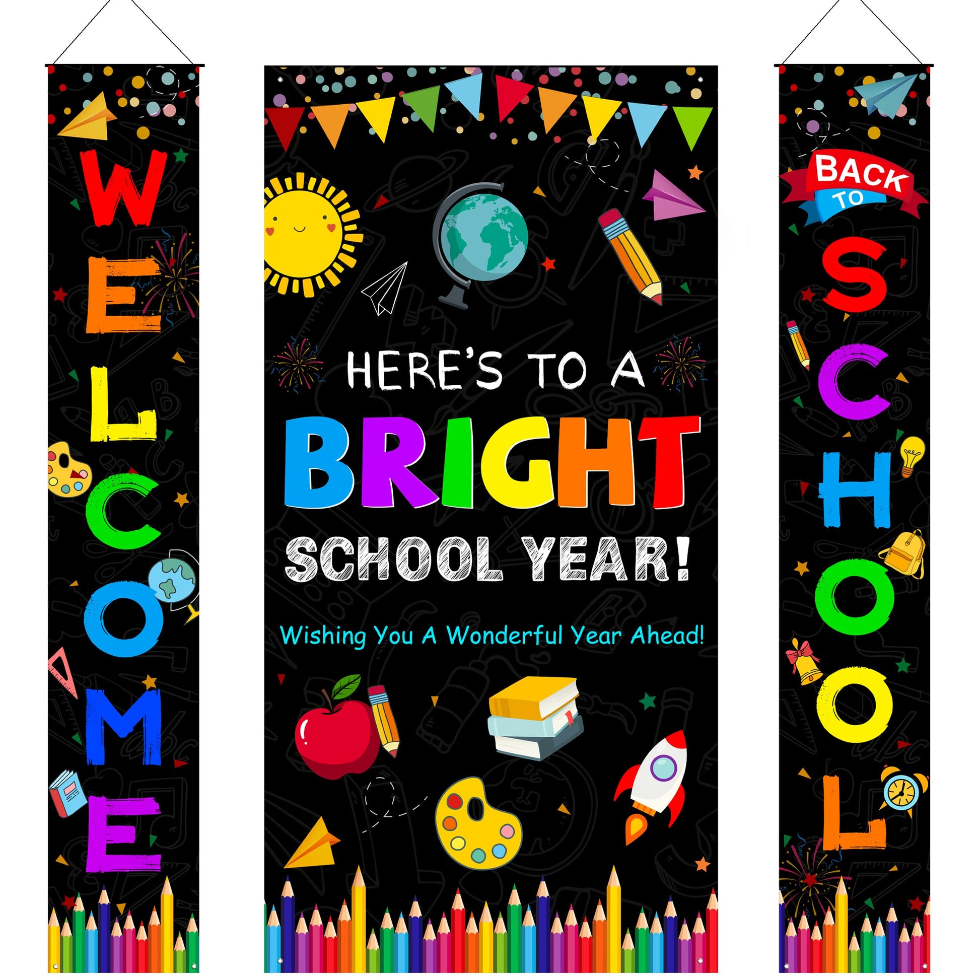 Back to School Decorations, First Day of School Decorations, 3PCS Welcome Back to School Banner, Wall Hanging Porch Banner for Classroom School