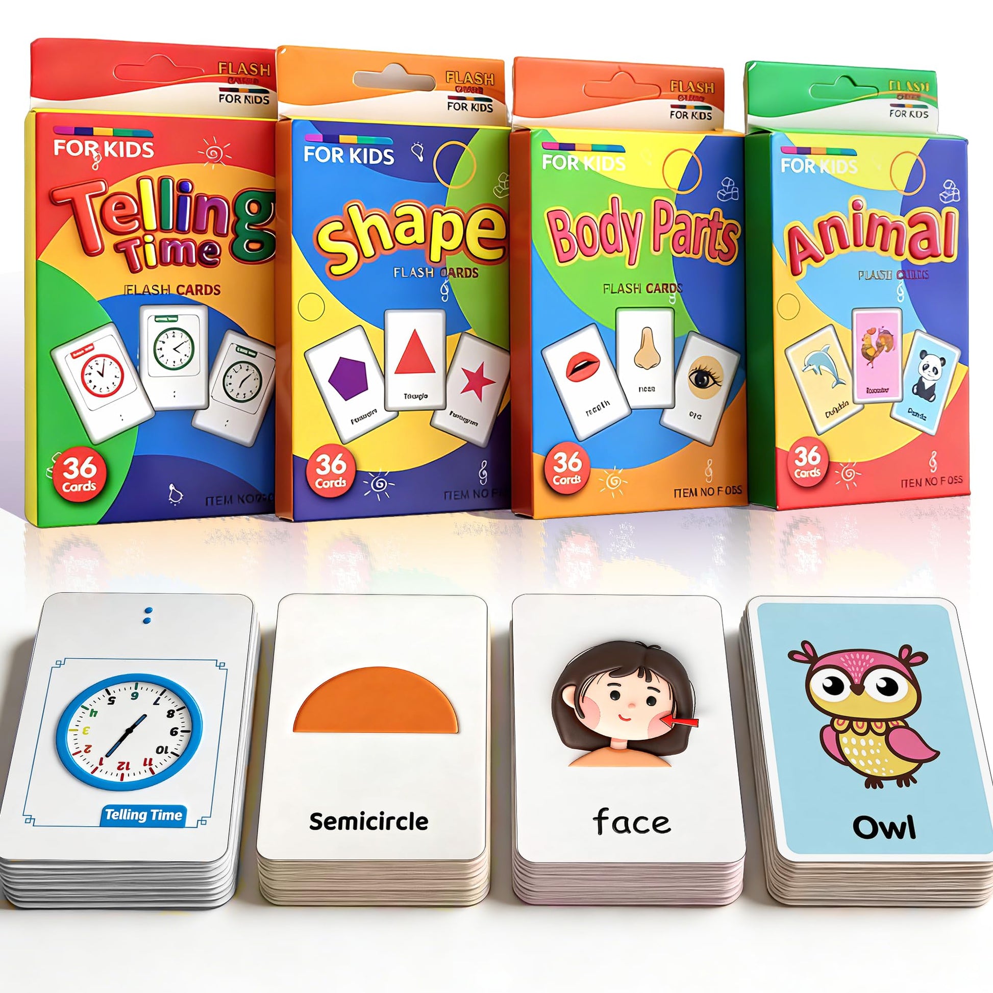 4 Set in 1, 144 Pcs Flash Cards for Toddlers 1-3, Word-Picture Recognition - Telling Time, Animal, Shape, Body Parts Flashcards for Toddler 1-3, Flash