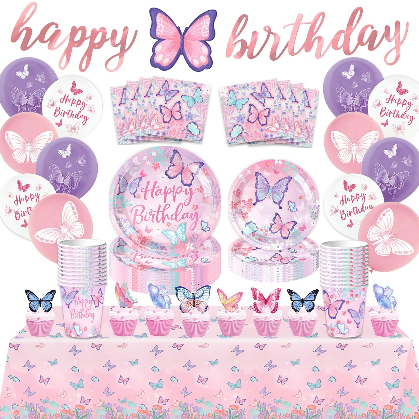 BOLAKE Butterfly Birthday Party Supplies Decorations Tableware Set Serves 25 Butterfly Disposable Paper Plates Napkins, Cups, Cake Toppers Tablecloth