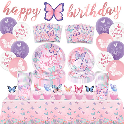 BOLAKE Butterfly Birthday Party Supplies Decorations Tableware Set Serves 25 Butterfly Disposable Paper Plates Napkins, Cups, Cake Toppers Tablecloth