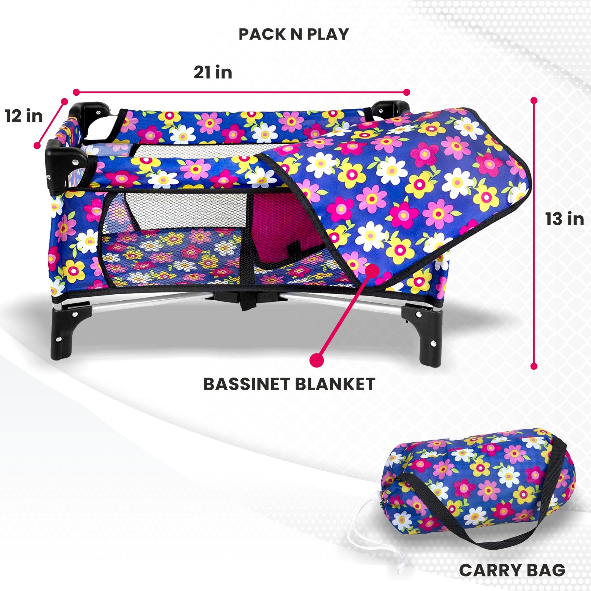 Baby Doll Crib Set, Toy Pack n Play Bassinet Blanket & Carry Bag for Baby Doll Playpen Fits up to 20" Doll | Allows for Easy Compact Folding