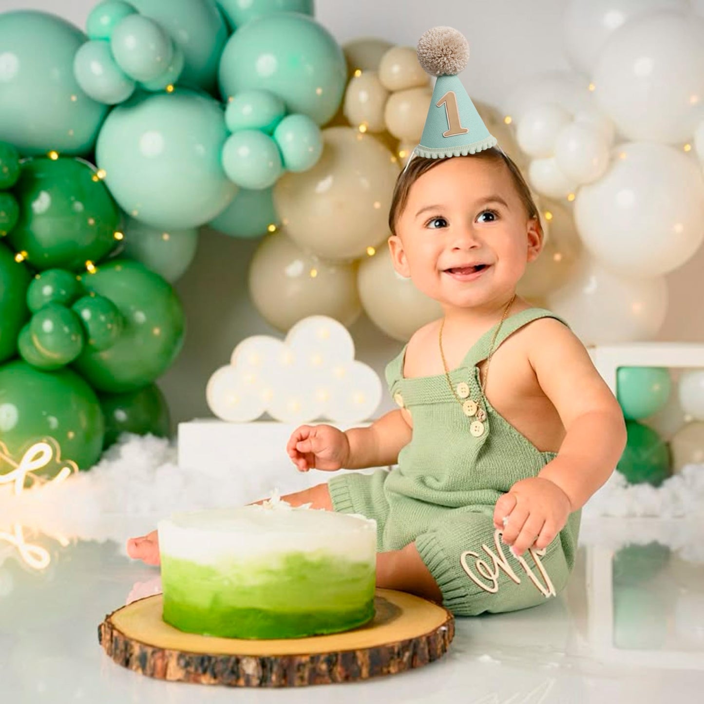 HGFC Natural Boho Birthday Hat - Boho First/1st Birthday Decorations,Cake Smash Photo Prop (Green)