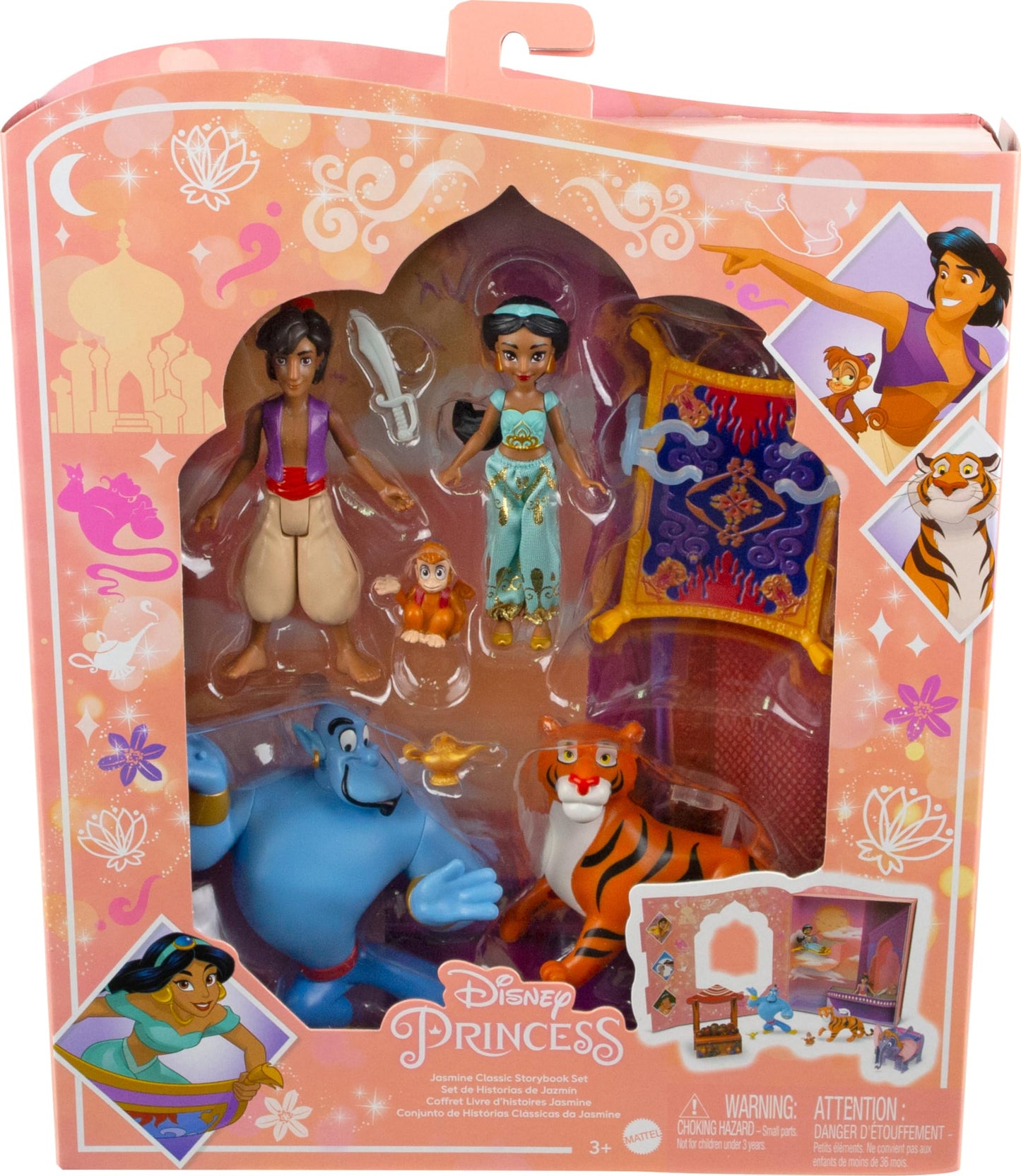 Mattel Disney Princess Toys, Jasmine Classic Storybook Set with 6 Characters Including Jasmine, Aladdin & Genie Small Dolls, Inspired by Disney's