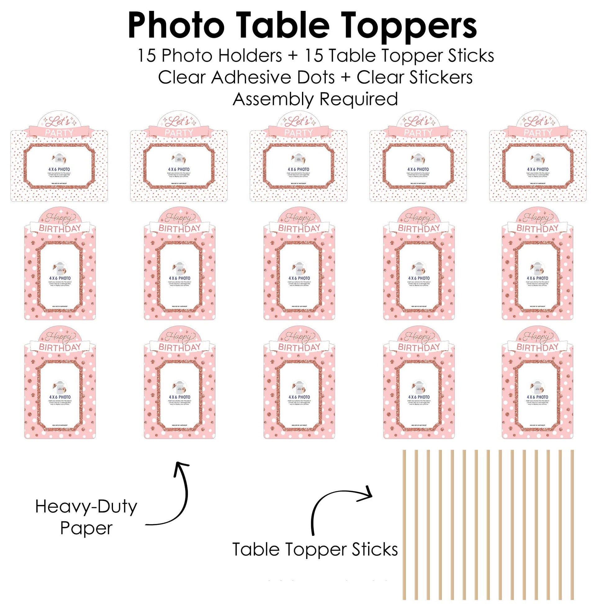Big Dot of Happiness Pink Rose Gold Birthday - Happy Birthday Party Picture Centerpiece Sticks - Photo Table Toppers - 15 Pieces