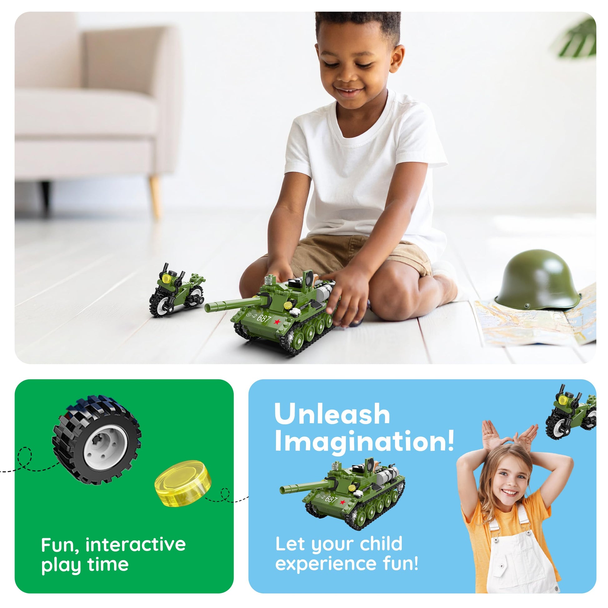 PicassoTiles Army Tank And Military Motorcycle 349pc Bricks Blocks Building Set STEM Learning Tactical Vehicle Toy Compatible With Major Interlocking