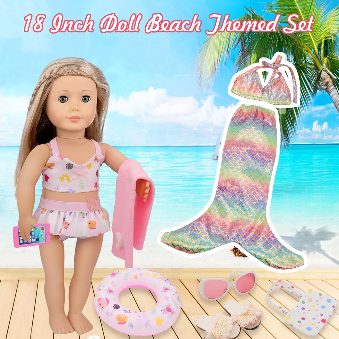 11 Pieces 18 Inch American Doll Bathing Suit Swimsuit with Accessories, Fashion 18 inch Doll Summer Outfits Including Mermaid Outfits,Swimming