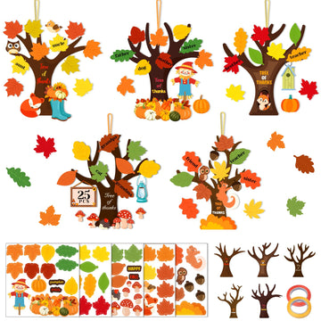 25 Pack Tree of Thanksful Make Your Own Thanksgiving Tree Hanging Ornament Fall Thanksgiving Craft Kit for Kids Leaves Sticker Thankful Art Project