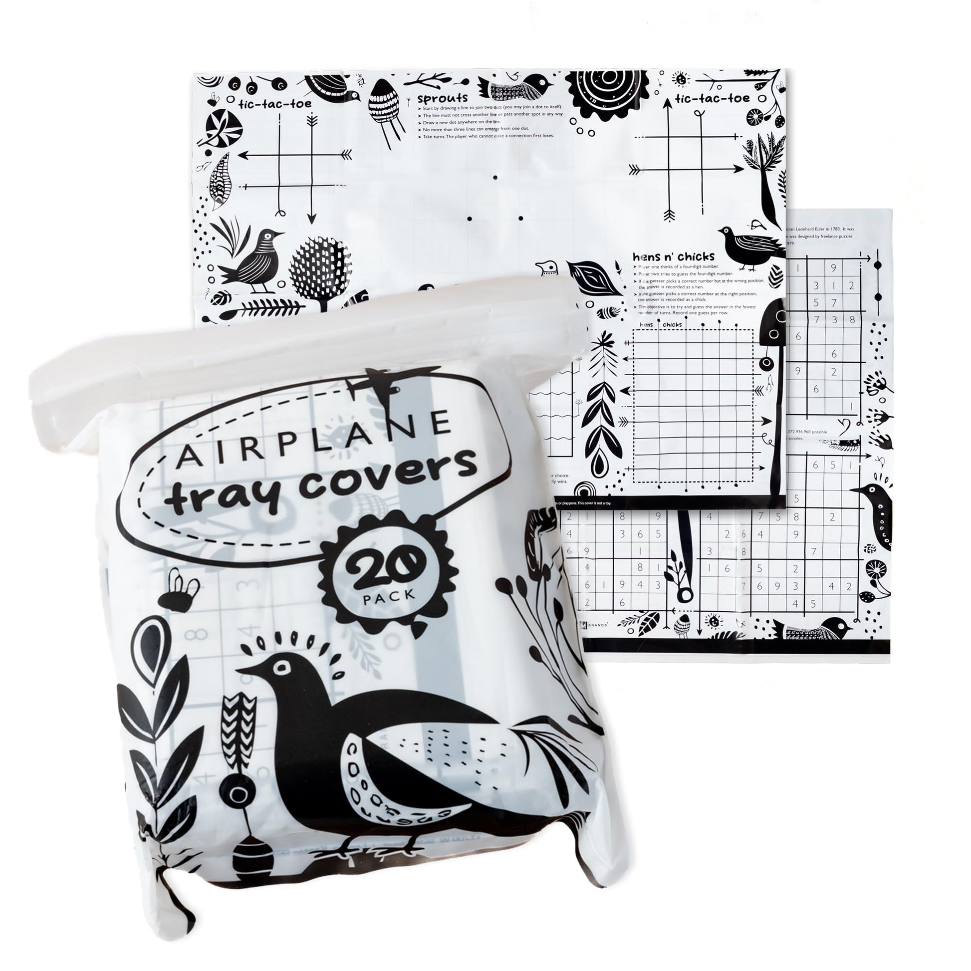 GSM Brands Disposable Airplane Tray Table Cover (Pack of 20) - Double Sided with 12 Games - Opaque White