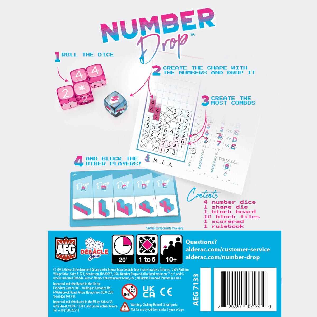 Number Drop, Roll & Write Polyomino Dice Game, Retro 80s Video Game Theme