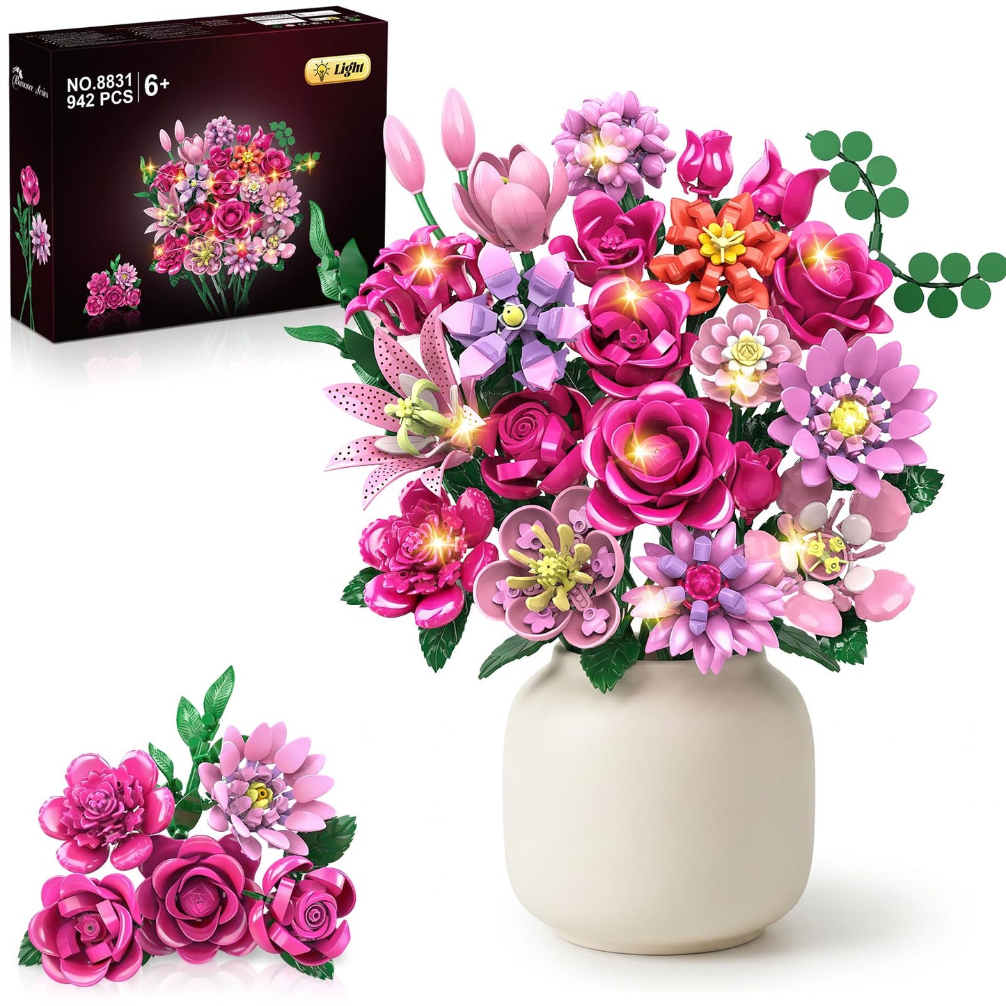 Utbttor LED Flower Bouquet Building Set, 23 Styles Artificial Botanical Blocks, 924 PCS DIY Flower Collection Table Decor Gift for Women & Girls