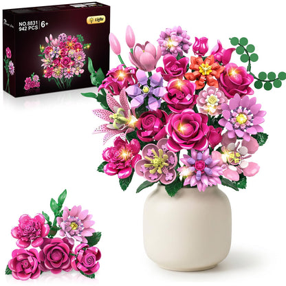 Utbttor LED Flower Bouquet Building Set, 23 Styles Artificial Botanical Blocks, 924 PCS DIY Flower Collection Table Decor Gift for Women & Girls