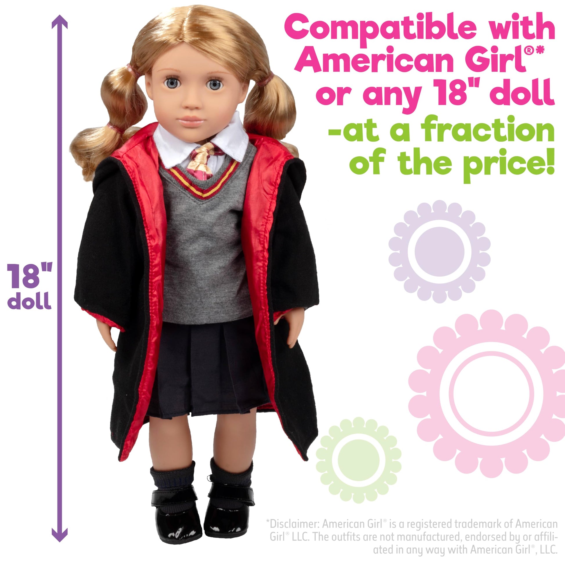 9pc Hermione Granger Inspired Outfit- 18" Doll Clothes & Accessories Compatible w American Girl Dolls- School Uniform Set Includes Shirt, Skirt