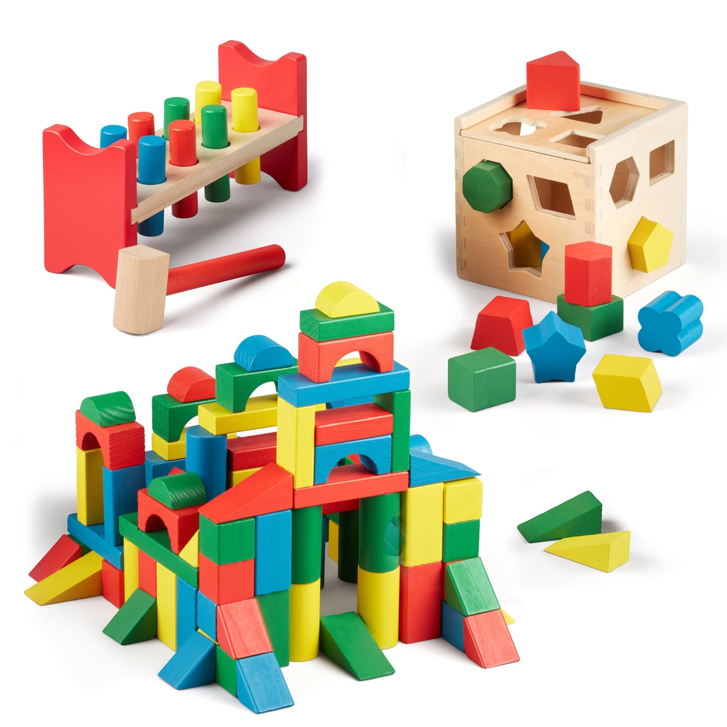 Melissa & Doug Stack, Sort & Pound Wooden Toy Collection (Building Blocks, Shape Sorter, Pounding Bench)