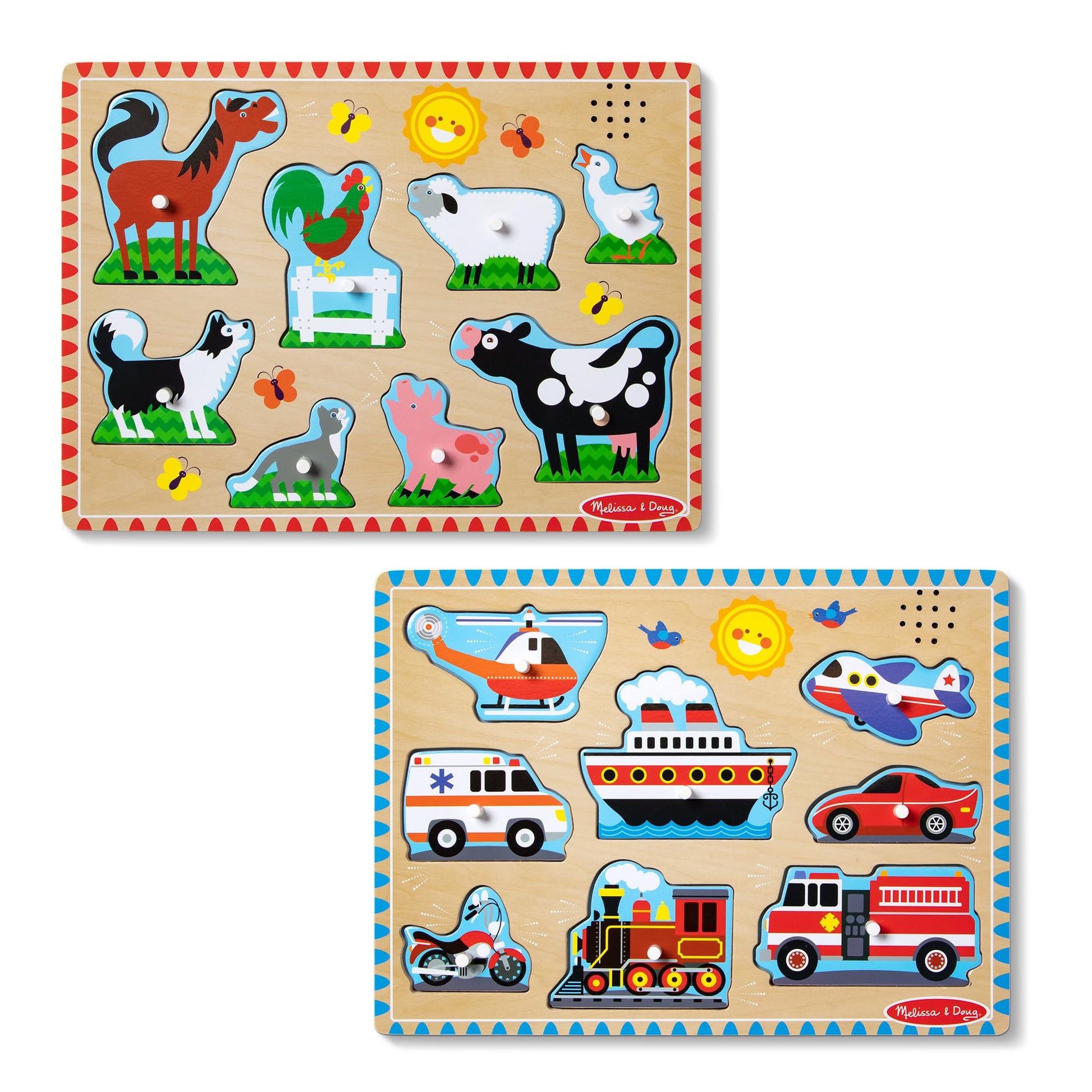 Melissa & Doug Wooden Light-Activated Sound Puzzle 2-Pack for Toddler and Preschool Boys and Girls - Farm Animals, Vehicles