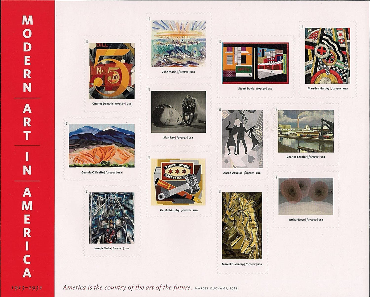 USPS Modern Art in America 1913-1931 American is The Country of The Art of The Future (Pane Sheet of 12) Postage Forever Stamps 2013 Scott #4748